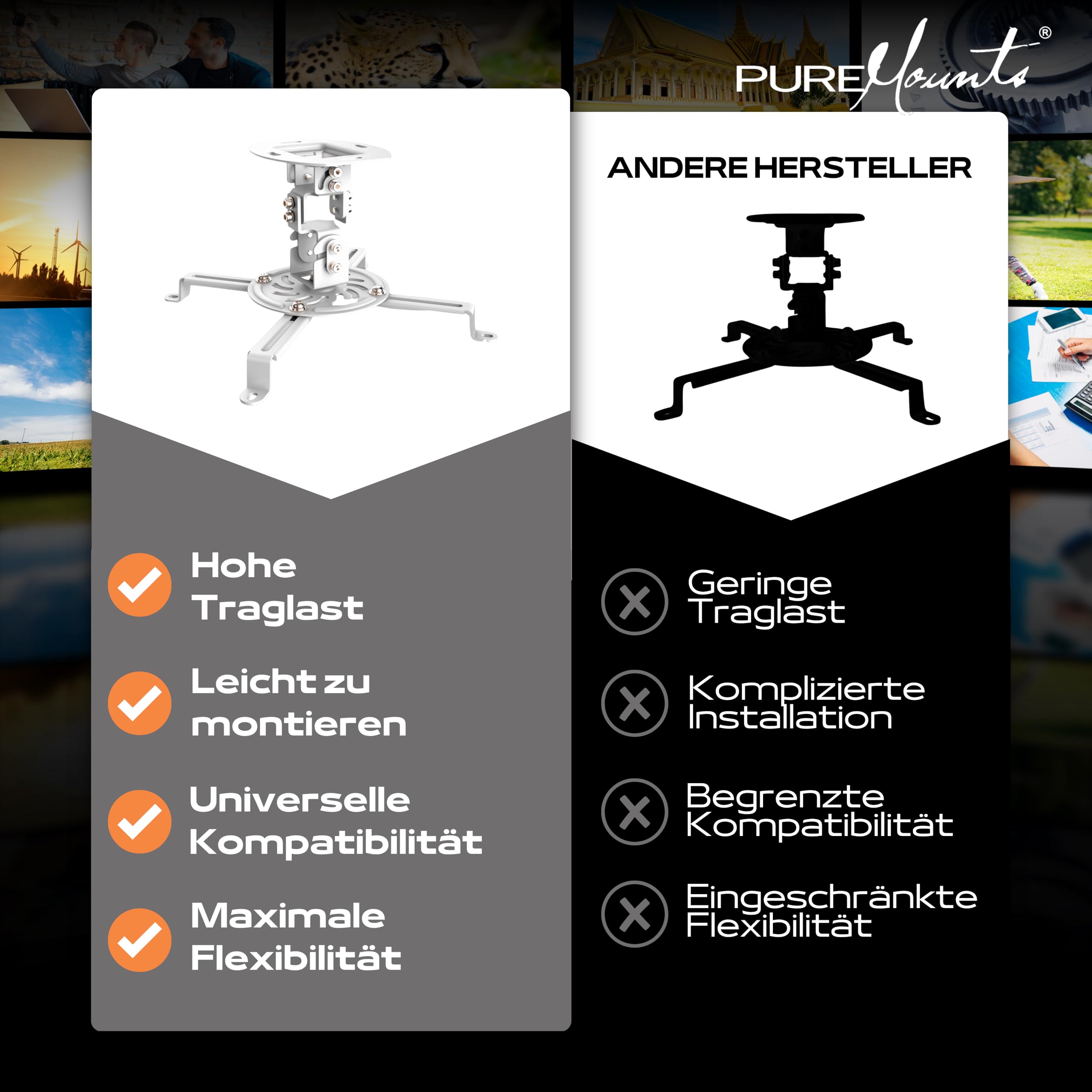 PureMounts Regulowany i obrotowy uchwyt sufitowy do projektora i projektora, rozstaw otworów do 320 mm, odstęp od sufitu 150 mm, nośność 13,5 kg, kolor biały
