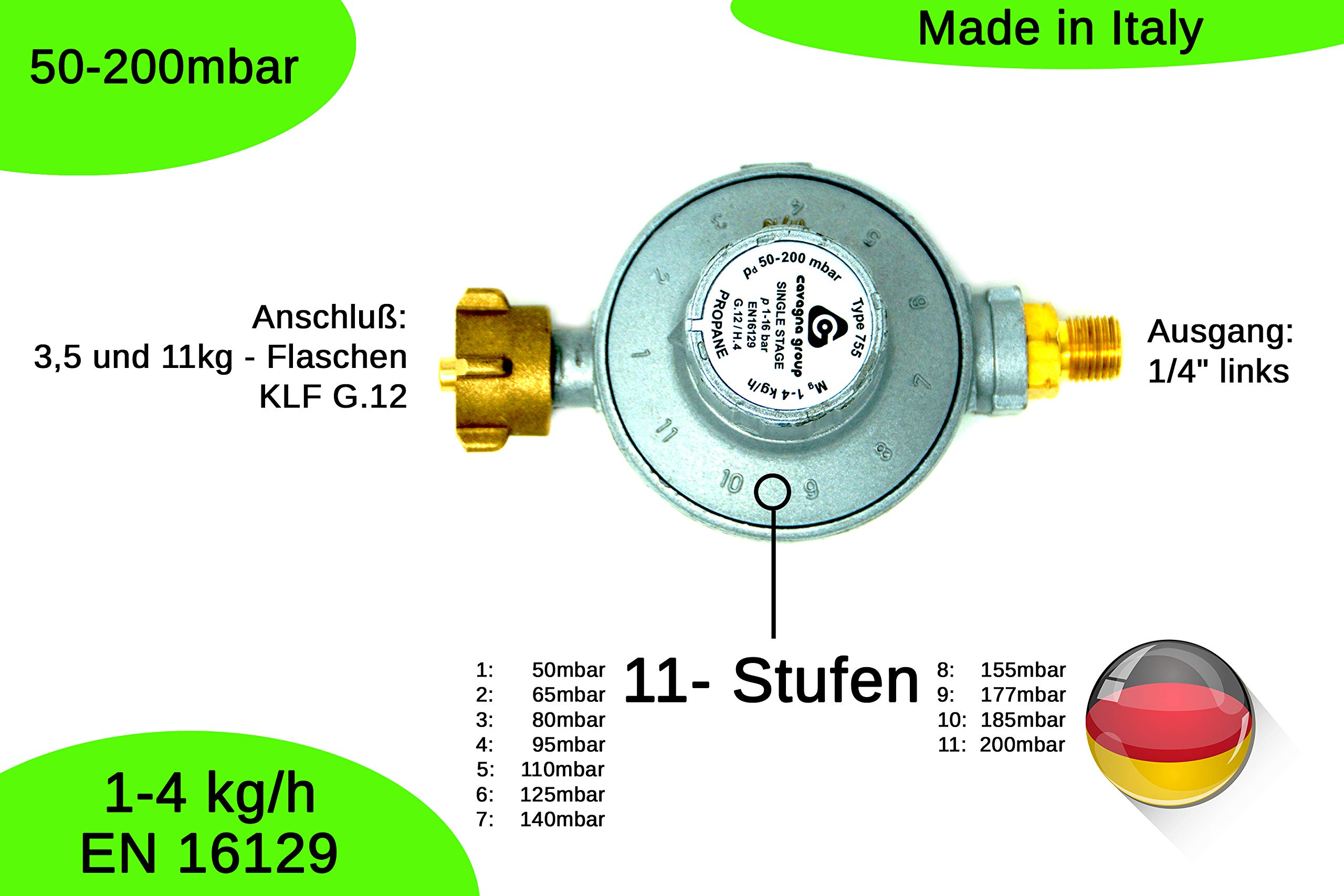 CAVAGNA Regulator niskiego ciśnienia 50 – 200 mbar, 11-stopniowa regulacja ciśnienia gazu do grilla gazowego, grzejnika, promiennika tarasowego, kuchenki