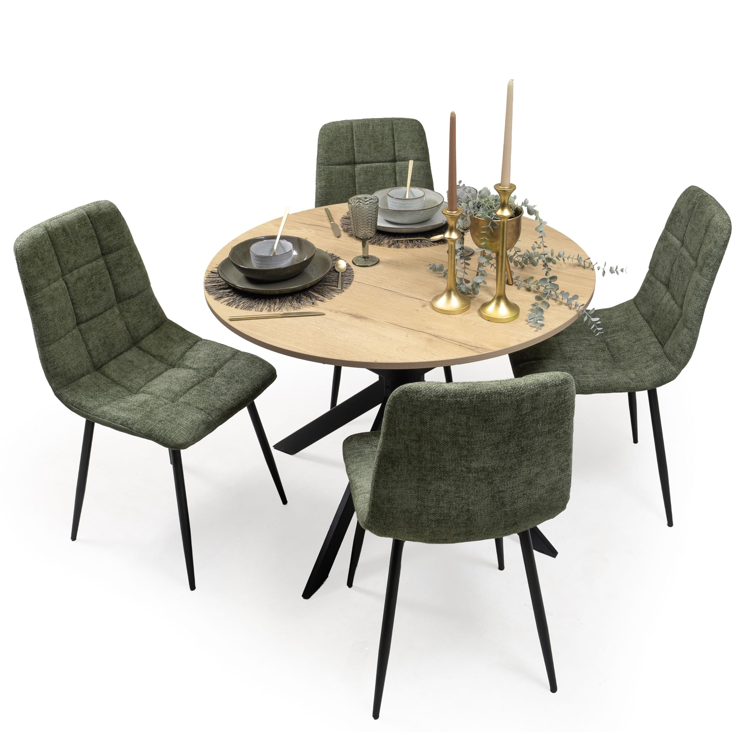 Homely® | Pack Comedor Moderno Core con Mesa Redonda 100 cm. Tapa Artisan y 4 Sillas Tapizadas Acolchadas Color Verde Musgo | Conjunto Mesa Comedor Estilo Nórdico Industrial | Cocina y Salón