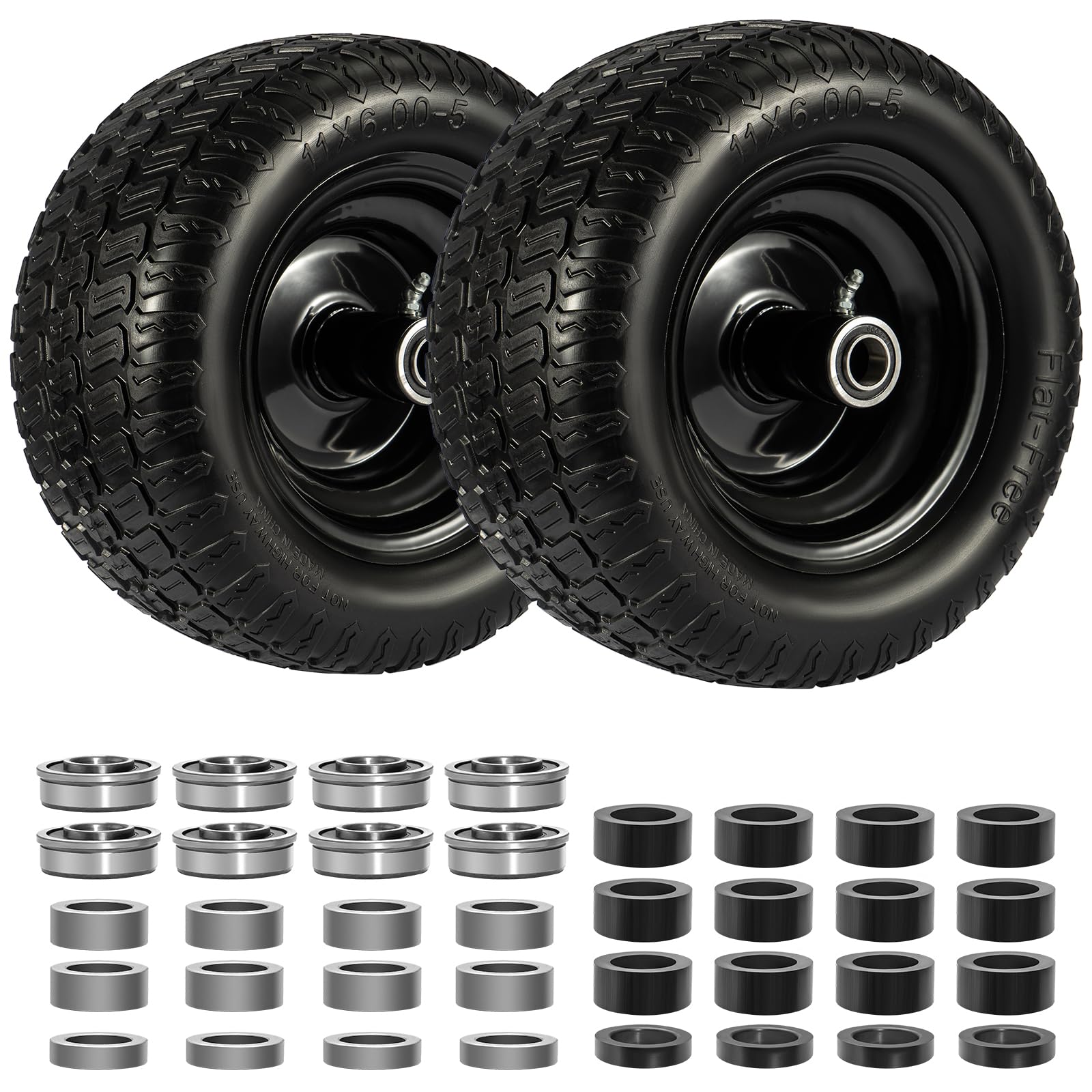 Neumático para cortacésped de 11 x 6.0-5 pulgadas, patrón plano, 2 piezas con rodamientos de 3/4 pulgadas o 5/8 pulgadas y 1/2 pulgadas, rodamientos de 6 a 8 pulgadas, carga 400 libras para giro cero