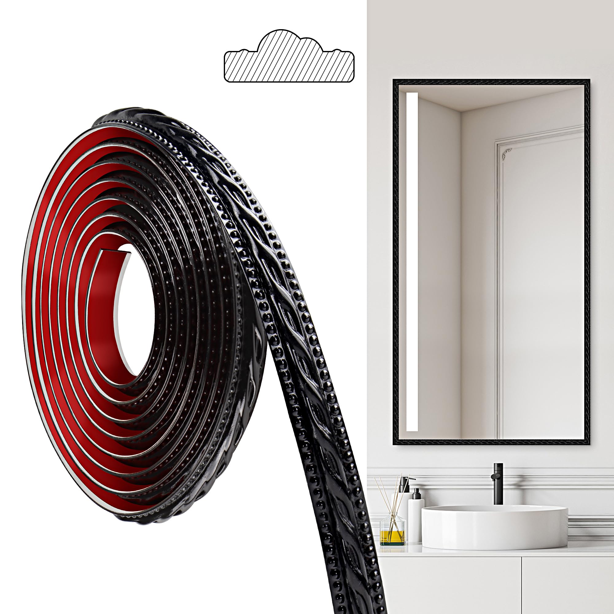 JUNART PVC Moldings Trim, 300cm×2cm, Peel and Stick Self-Adhesive, Coving for Ceilings, Wall Moldings for Wall Edge, Mirror Frames, Ceiling, Skirting Boards, Cabinet(Black)