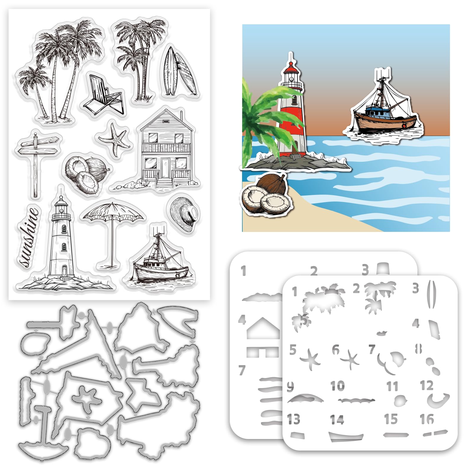 INFUNLY Summer Beach Clear Stamp and Metal Die Cut Set Ocean Theme Transparent Seals for Card Making Layered Color Coating Stencils Coconuts Trees Lighthouse Boats Stamps and Dies for DIY Scrapbooking
