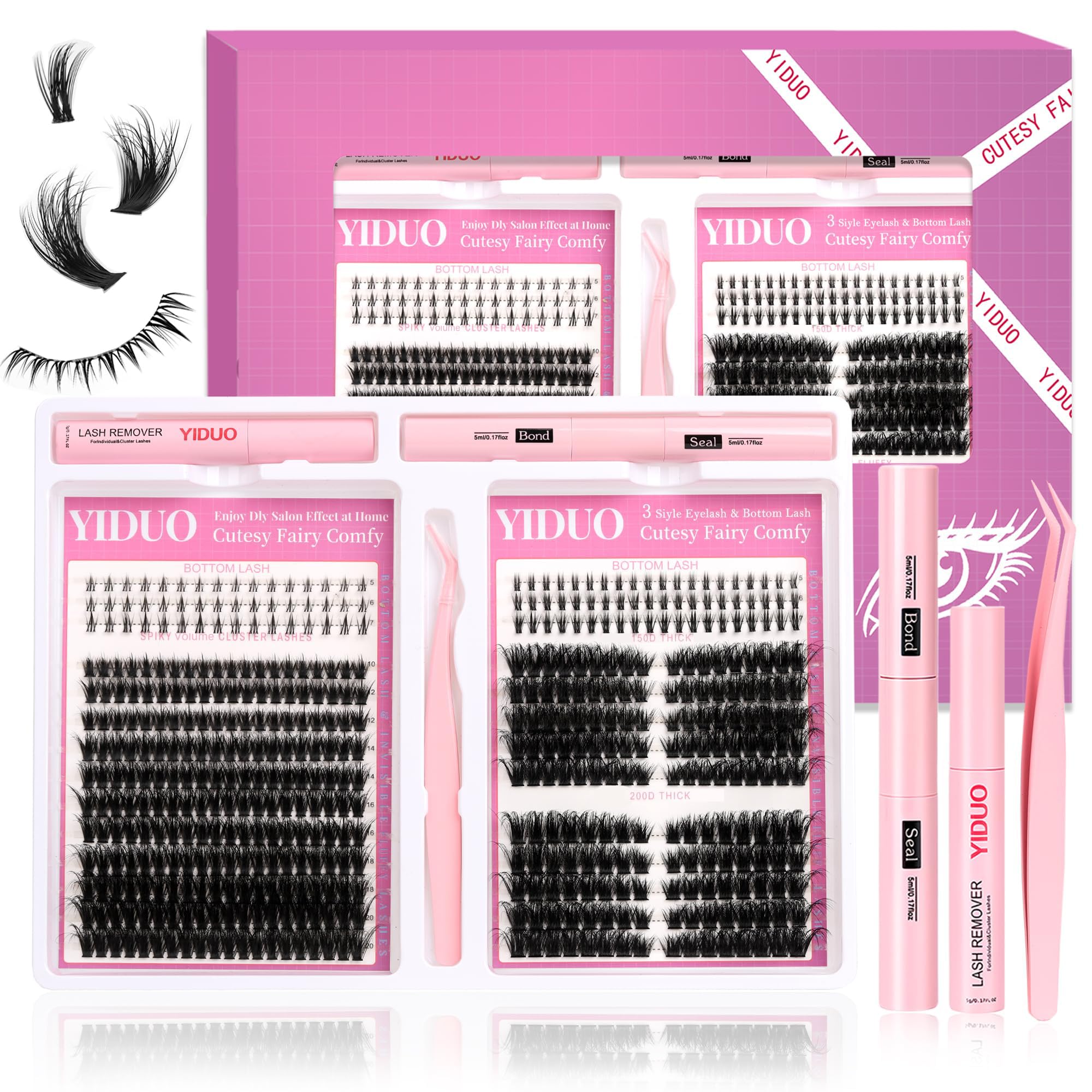 YIDUO 3 style Lashes Clusters Kit with Bottom Lash Cat-Eye Wispy Individual Faux Mink Fake Eyelashes, Volume Studio Effect, 498Pcs DIY False Eyelash