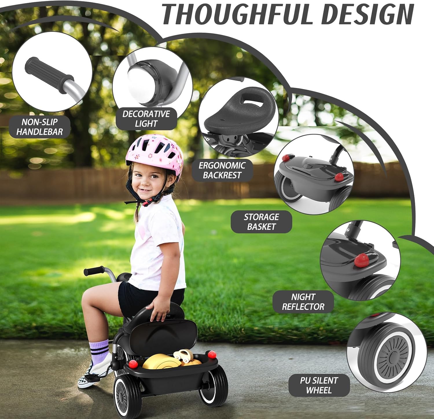 Glaf Toddler Bike for 2-5 Year Olds Tricycle for Toddler 1-3 Kids Tricycle Baby Bike with Adjustable Seat and Storage Basket Kids Trike Toys & Birthday Gifts for 1+ Years Old Boys Girl (Black)