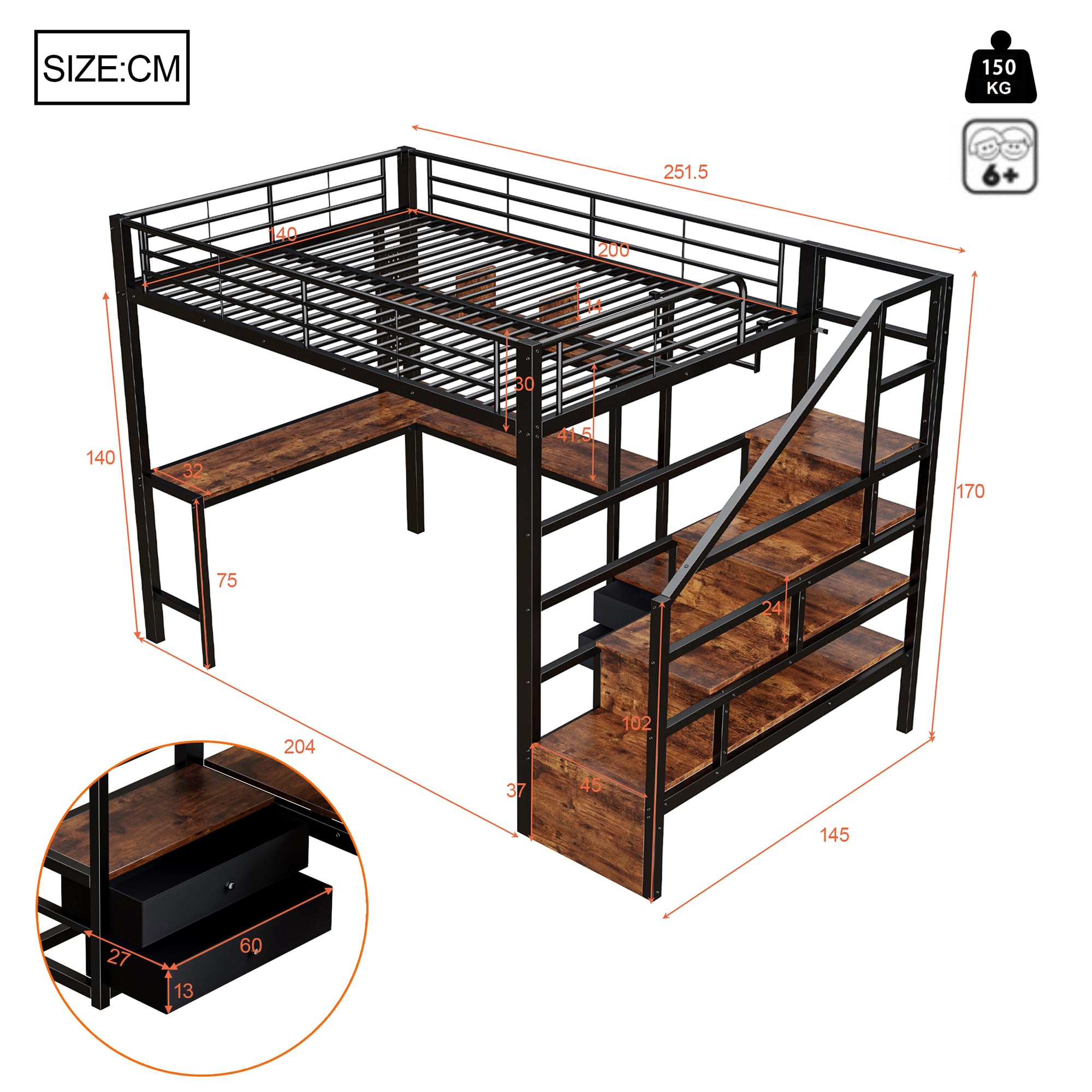 Cama alta de hierro 140 x 200 con luces LED, escritorio, 2 cajones, rejilla para colgar, litera para niños con escalera de almacenamiento, estructura de cama individual, color negro