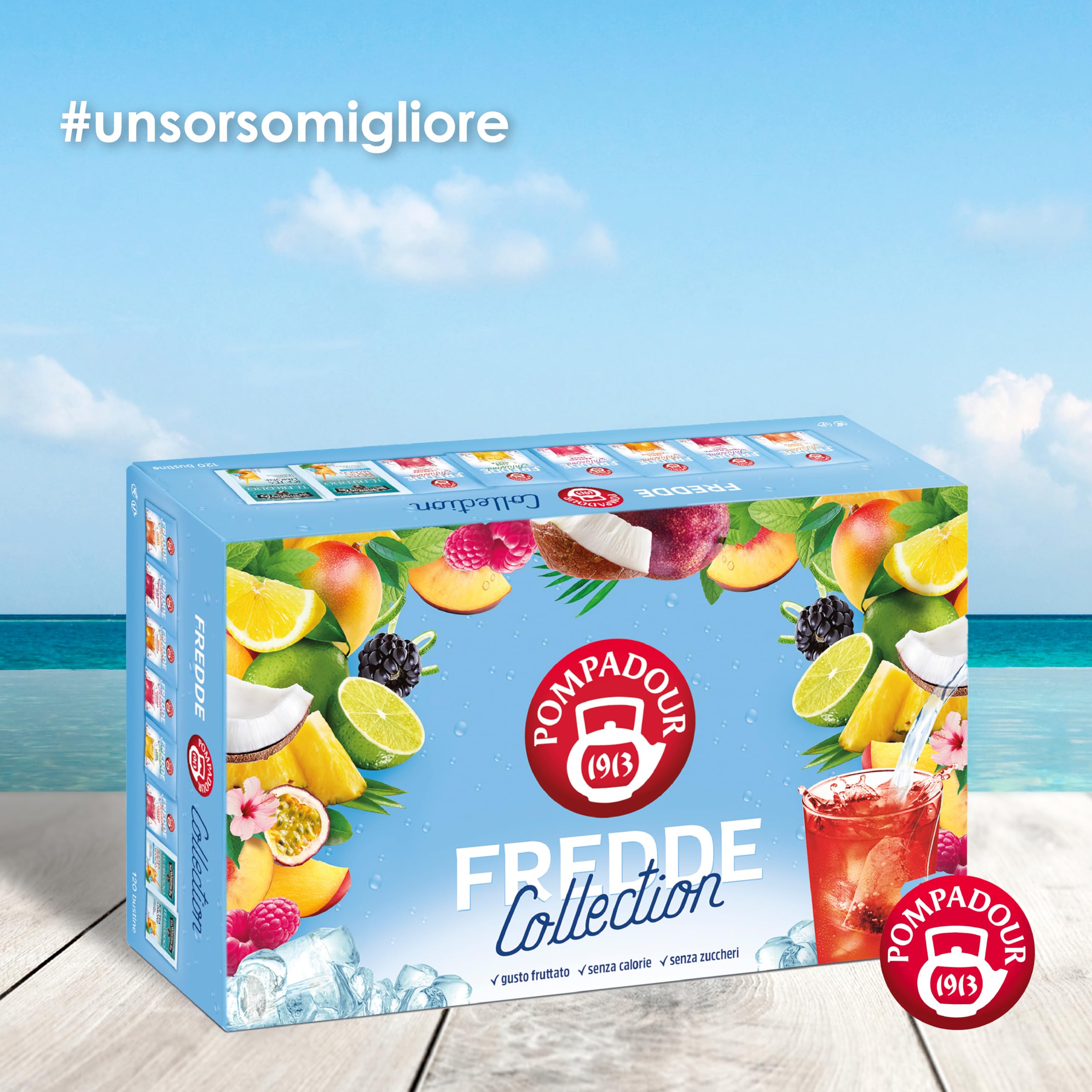 Pompadour, Box Infusi e Tè Freddi 15 Bustine x 8, Karkadè Cocco, Lime Menta, Lampone Limone, Pesca Maracuja, Frutti di Bosco e Menta, Mango Ananas, Ice Tea Limone, Ice Tea Pesca Mango