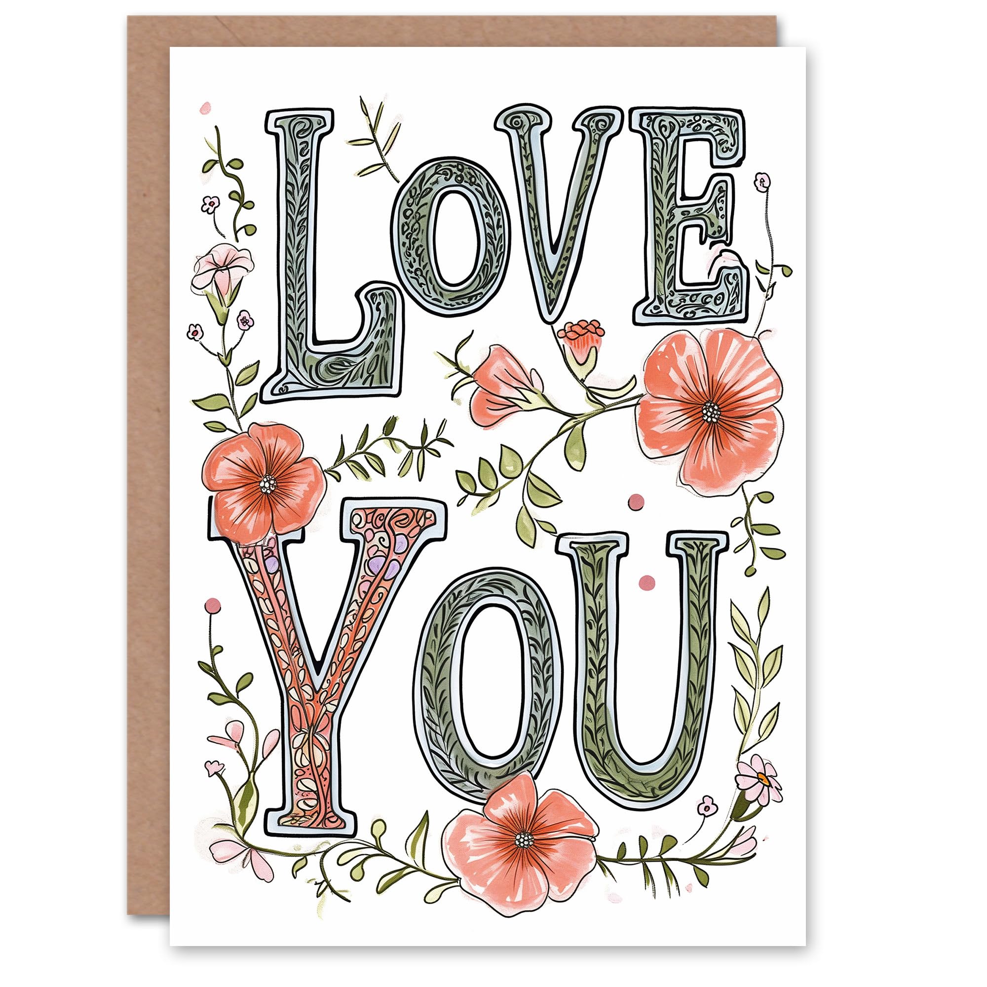 Artery8 Valentines Day Greeting Card Love You Typography Flowers For Her Wife Partner