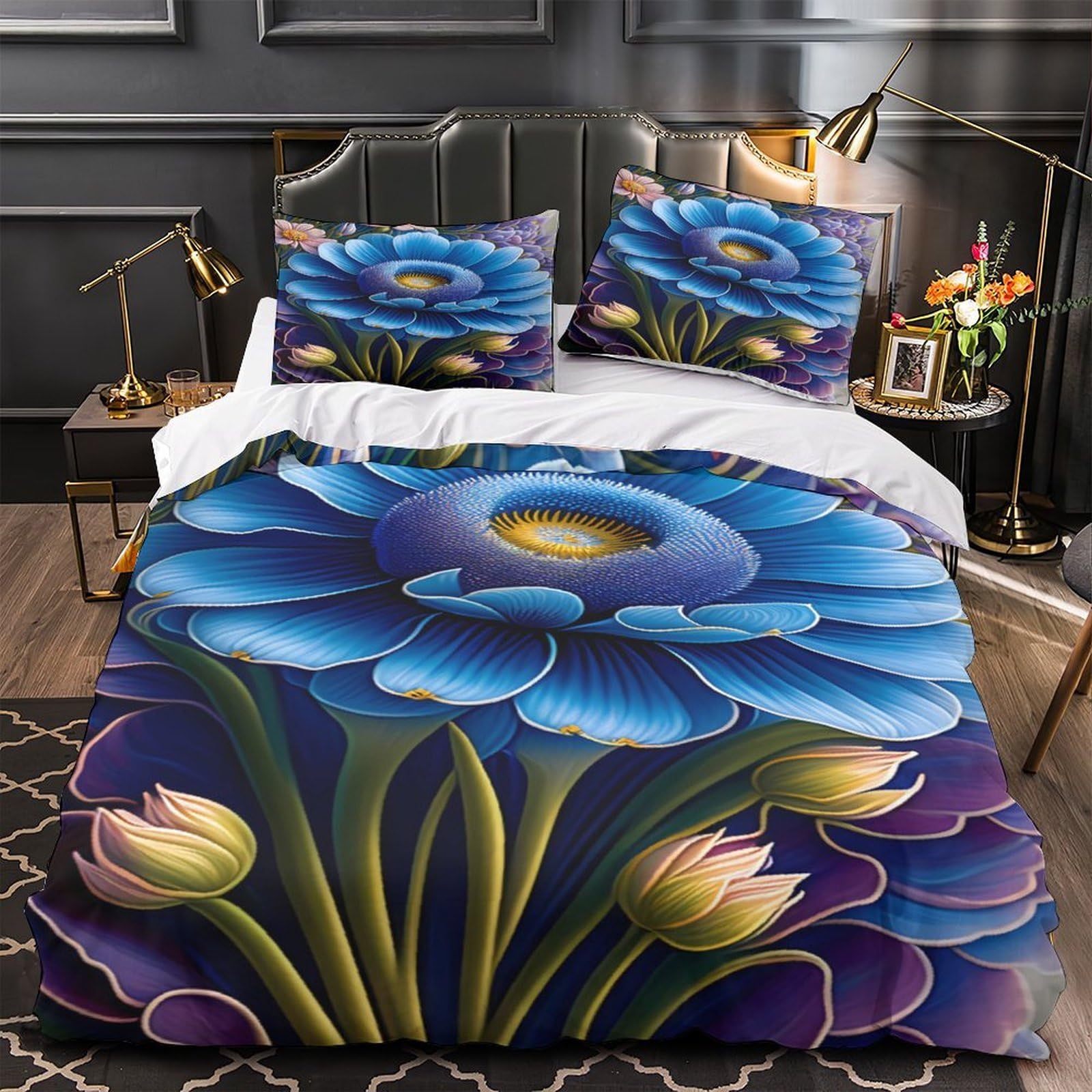 Parure de lit 3D conception florale bleue housse de couette single 135x200cm