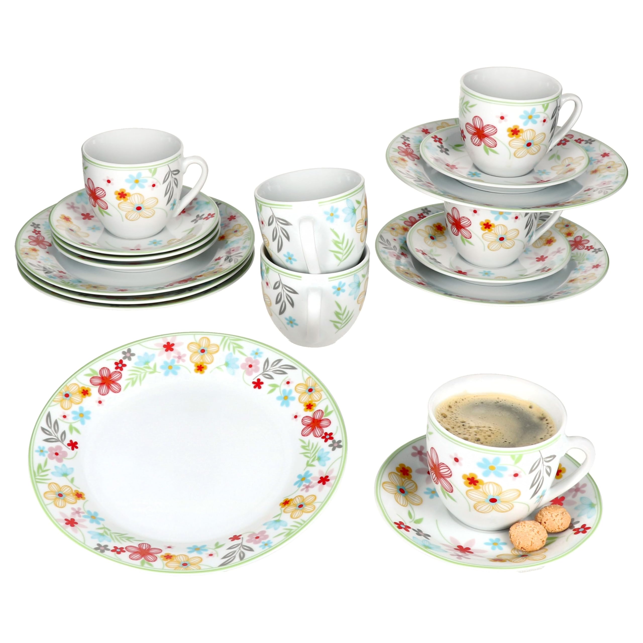 MamboCat Variant Blümchen 18tlg Kaffeeservice I farbige Porzellan-Kaffeeset für 6 Personen I Je 6X Kaffeetassen 200ml, Untertassen & Kuchenteller I buntes Geschirr für Frühstück & Kaffee