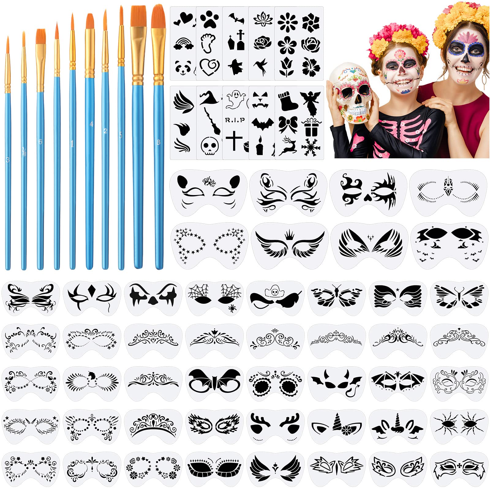 Fainne 68 Pcs Face Paint Stencils Kit, 48 Face Painting Stencils 10 Stickers and 10 Painting Brushes Halloween Mask Stencils Reusable Makeup Templates for DIY Drawing Art(Weird Style) : Amazon.ca: Home