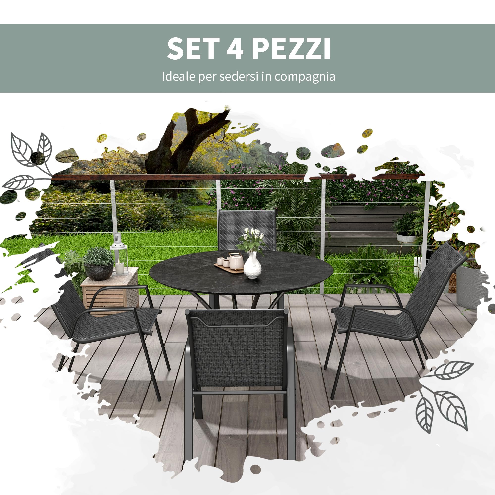 Outsunny Set 4 Sedie da Giardino Impilabili in Rattan PE e Acciaio Grigio | Sedie da Pranzo per Esterni con Braccioli