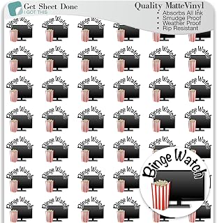 Binge Watch Planner Sticker / 54 Fun Vinyl Stickers/TV Me Time Self Care Netflix Hulu Stream/Essential Productivity Life Planner/Bullet Bujo Journal/Todo Appointments (1 Sheet, Matte Vinyl)