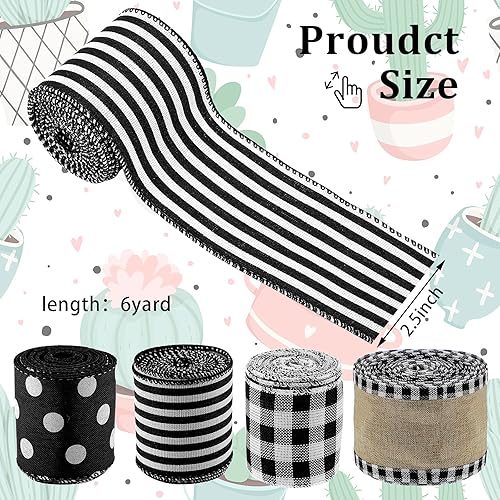 Miniatura 2 de 4 rollos de 24 yardas de cintas navideñas a cuadros de búfalo con borde con alambre de 2.5 pulgadas, cinta de arpillera de granja de 2.5 pulgadas,