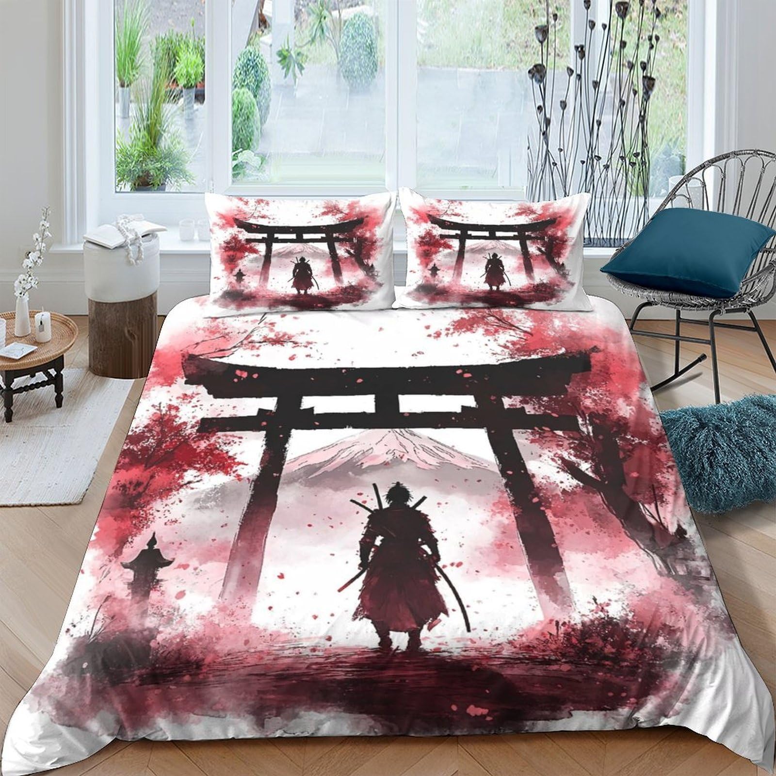 Ctjqhvkz Style-3 3D Printed Samurai Torii Fitted Sheet Microfiber Red Black Japanese Ink Painting Bed Cover For Bedroom Guest Room Decor Single（135X200cm）