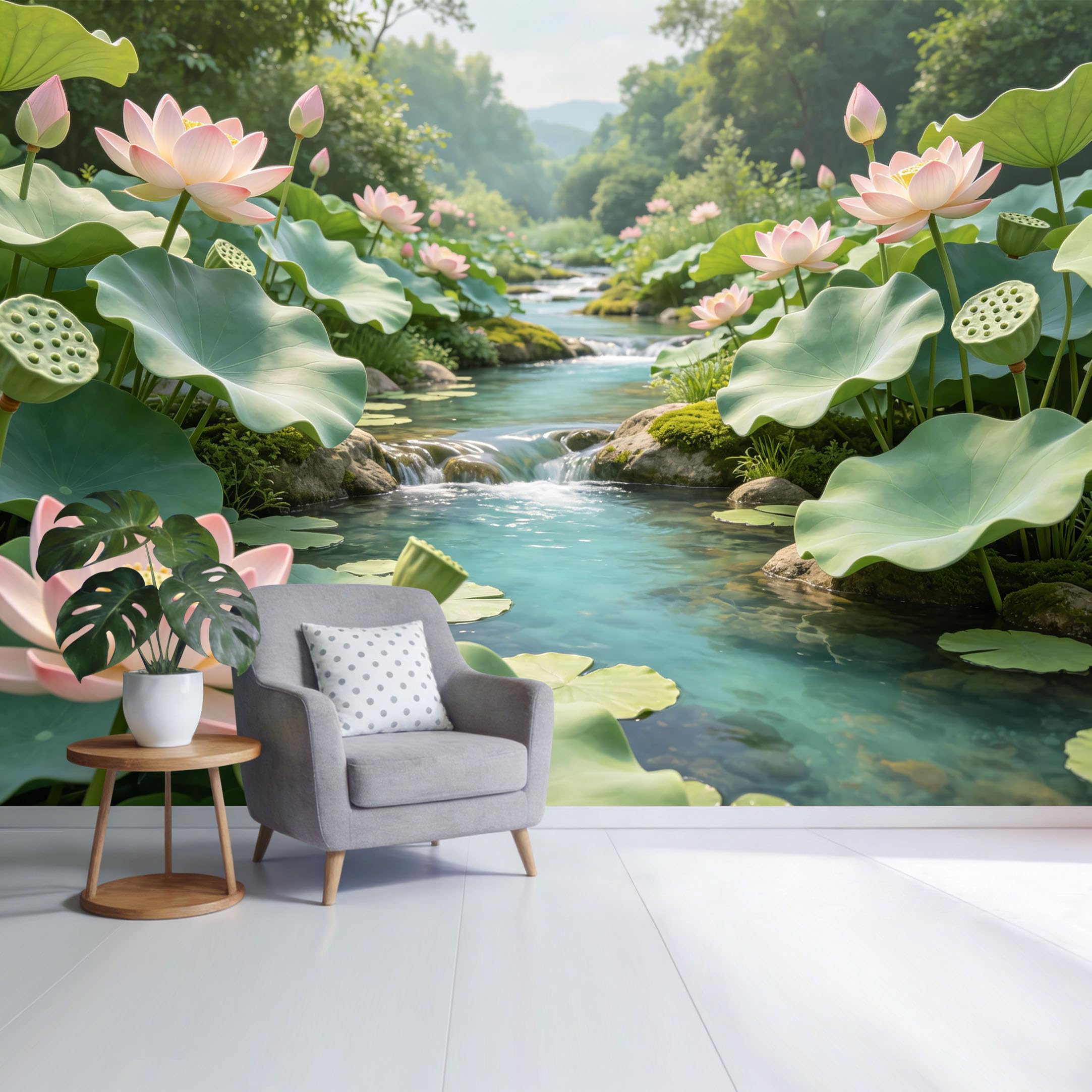 Custom Size Wall Mural Tranquil Lotus Pond with Flowing Water and Green Leaves Botanical Landscape SelfAdhesive Wall Fabric Removable Wallpaper for Home Office Decor