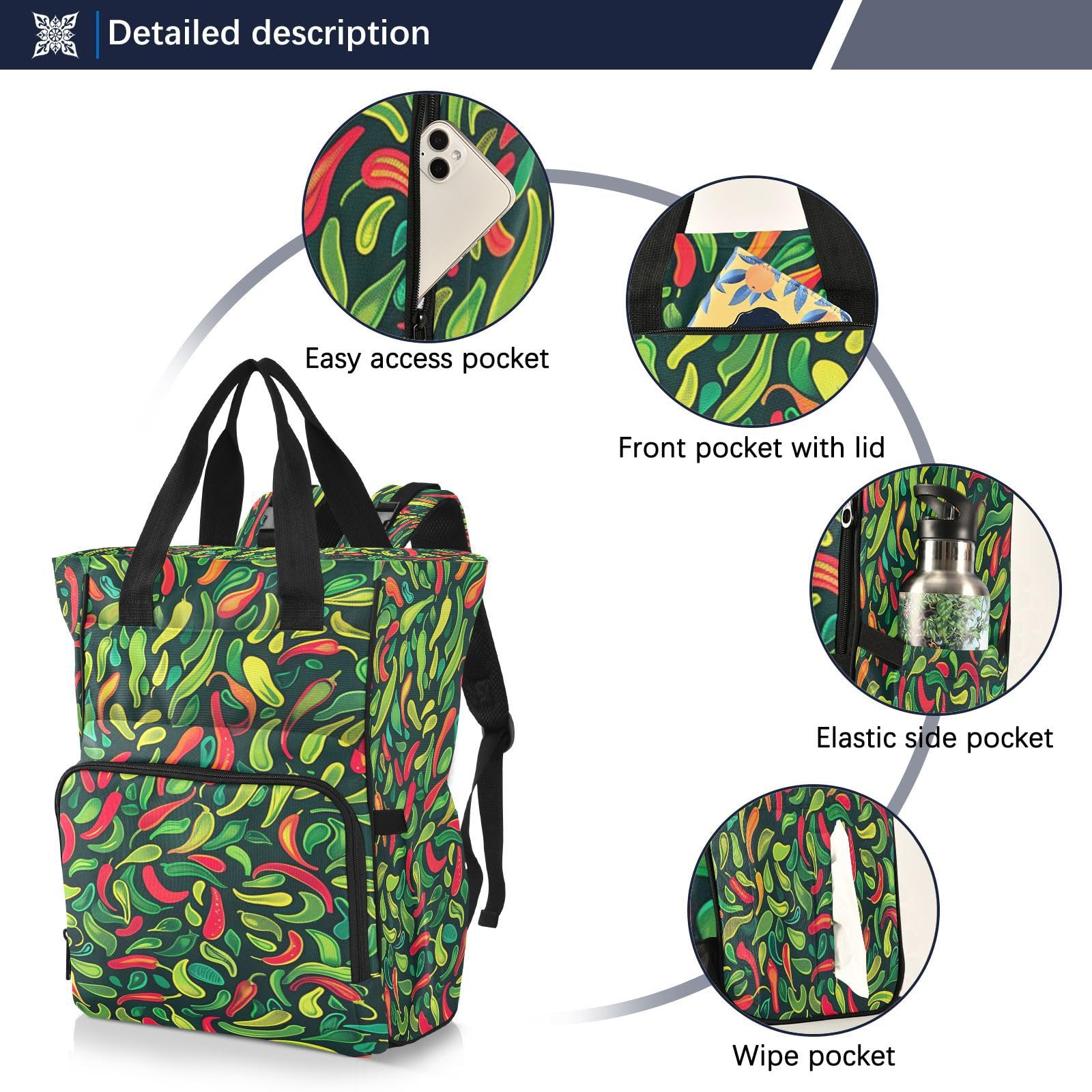 Pimientos Verdes Brillantes Mochilas de Pañales para Gran Capacidad Pañal Bolso Mochila para Viajar al Aire Libre Mamá y Papá