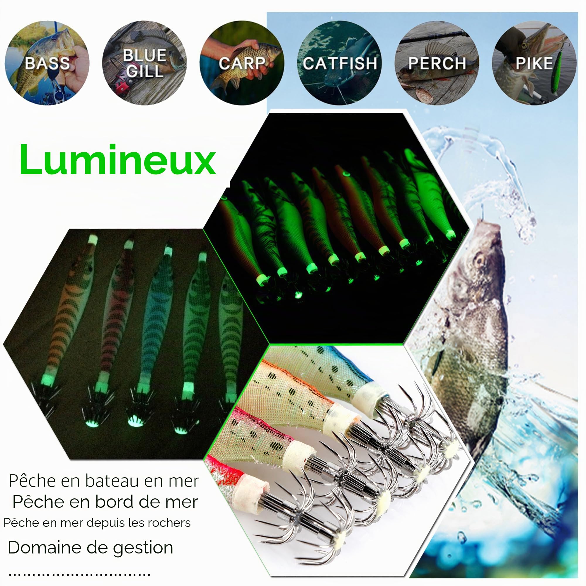 Appâts de pêche Turluttes Leurres Appâts Crochets pour Calmars Poulpes Appâts Lumineux Calmar Leurres Crevettes