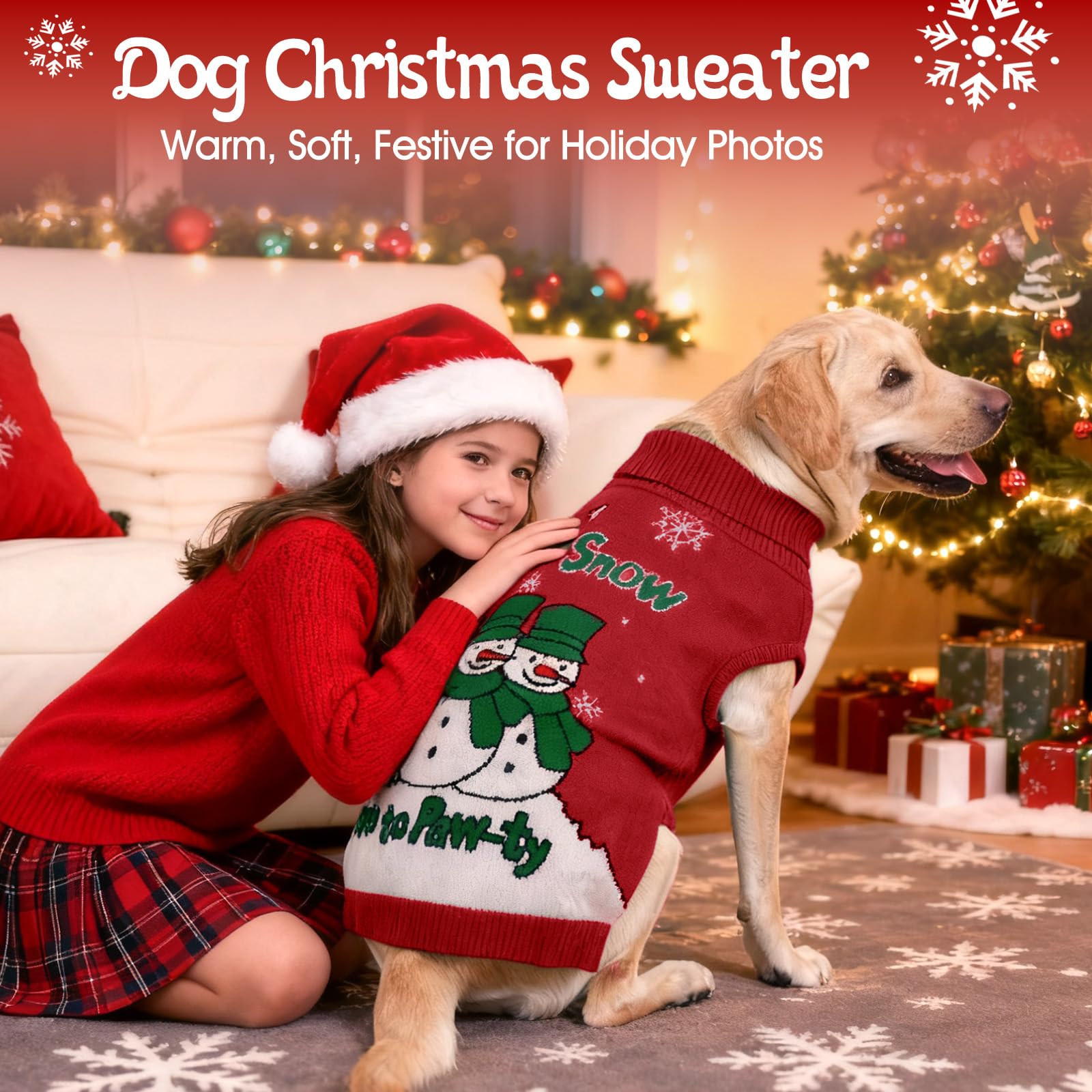 IECOii Pull de Noël pour chien de grande taille, à col roulé avec trou pour laisse, sans manches, facile à enfiler, motif bonhomme de neige, flocon de neige pour photos de Noël, rouge, taille XXL