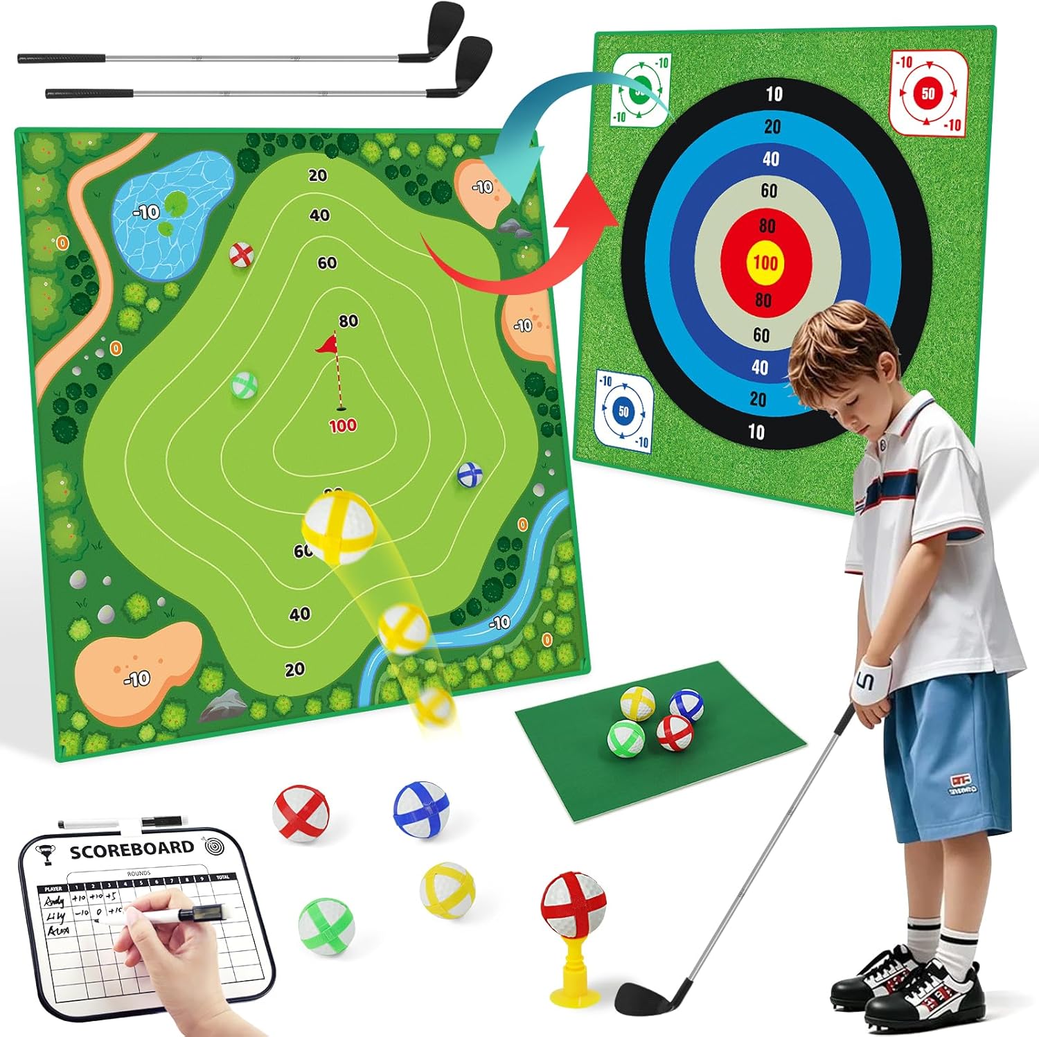 Battle Golf Chipping Game Set for Kids Adults, Chip and Stick Golf Game with 2 Adjustable Clubs, 5×5FT Double-Sided Chipping Practice Mat, 20 Sticky Balls Sport Toy Gift for Indoor Outdoor Family Fun