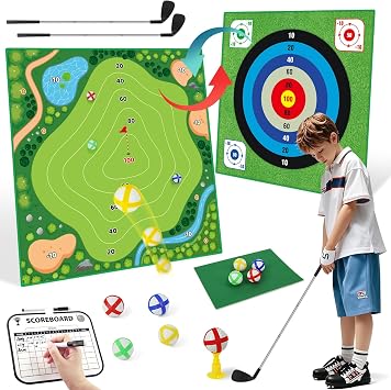 Battle Golf Chipping Game Set for Kids Adults, Chip and Stick Golf Game with 2 Adjustable Clubs, 55FT Double-Sided Chipping Practice Mat, 20 Sticky Balls Sport Toy Gift for Indoor Outdoor Family Fun