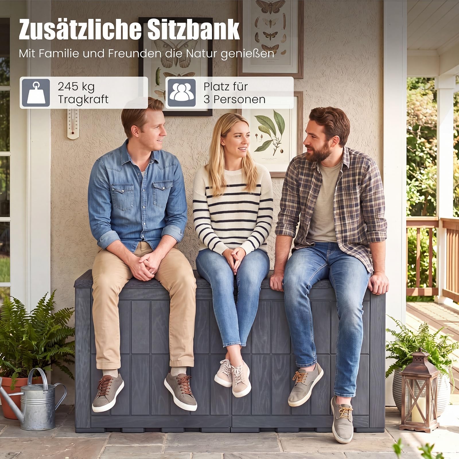 COSTWAY Gartenbox Outdoor mit abschließbarem Deckel (Grau,455 L) | Aufbewahrungsbox mit Gasdruckfedern & Griffen, wetterfeste Auflagenbox Kissenbox für Garten, Terrasse & Balkon