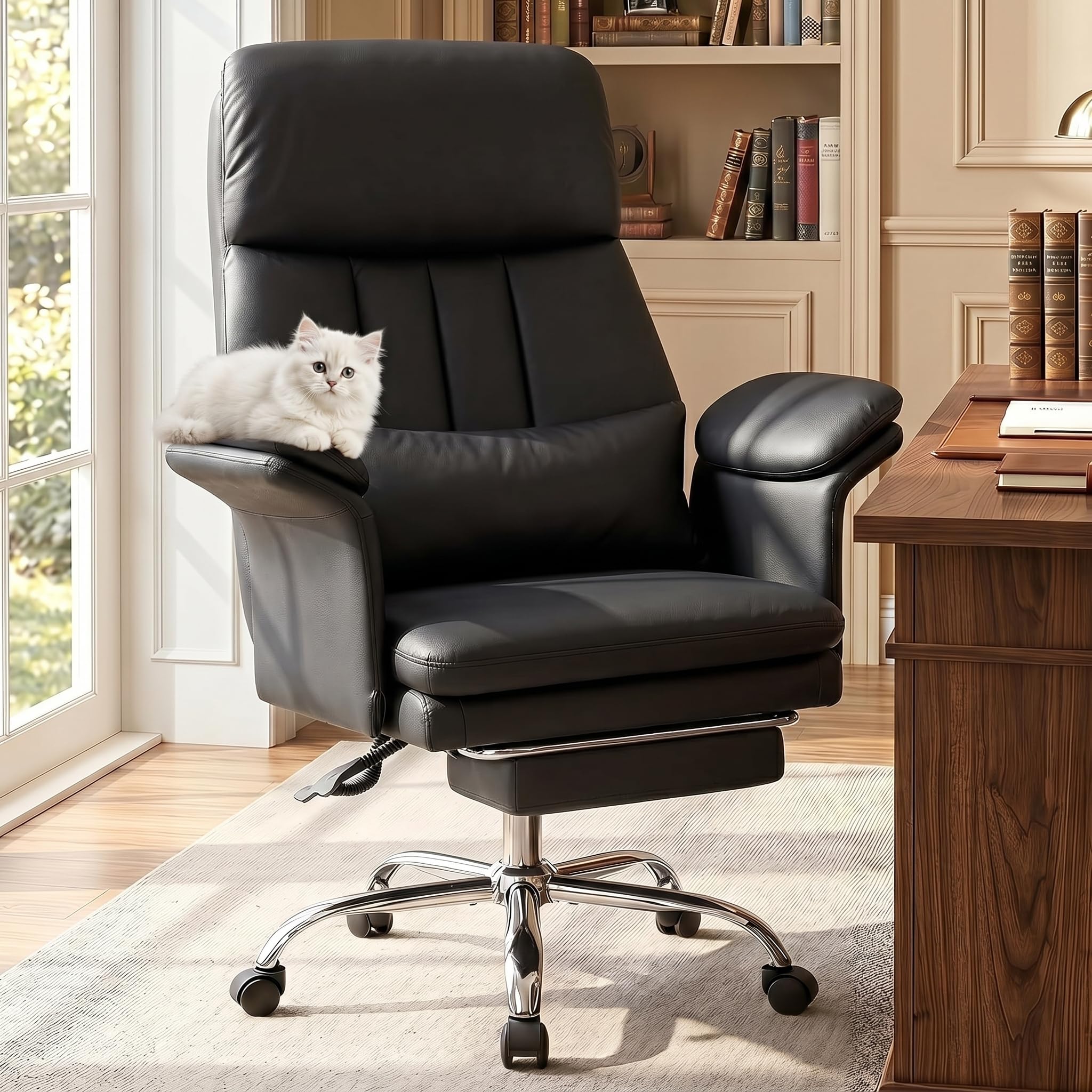 Hellove Fauteuil de Bureau avec Soutien Lombaire Précis, Chaise Ergonomique en Cuir PU avec Repose-Pieds (200kg), Dossier Haut Inclinaison 135°, Fauteuil Direction Pivotant pour Home Office, Noir