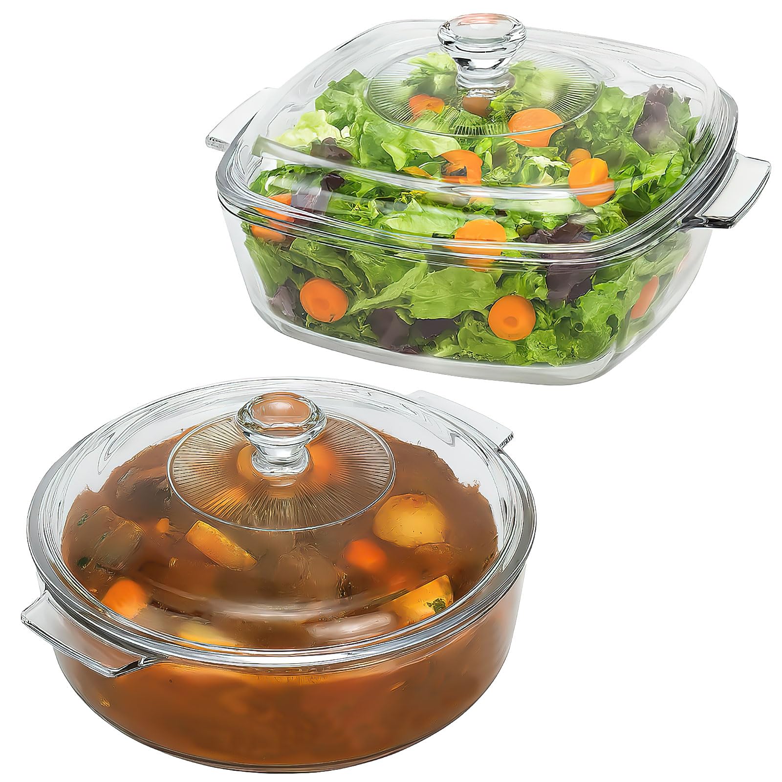 2 Pack Casserole Dish with Lid, Glass Oven Dish, Individual Glass Casserole Oven Proof Baking Dish for Food Baking Cooking Serving (1.5L + 1.7L)