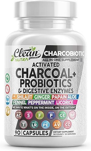 Clean Nutra - Píldoras de carbón activado + enzimas digestivas probióticas Shilajit para la salud digestiva cápsulas con menta hinojo regaliz