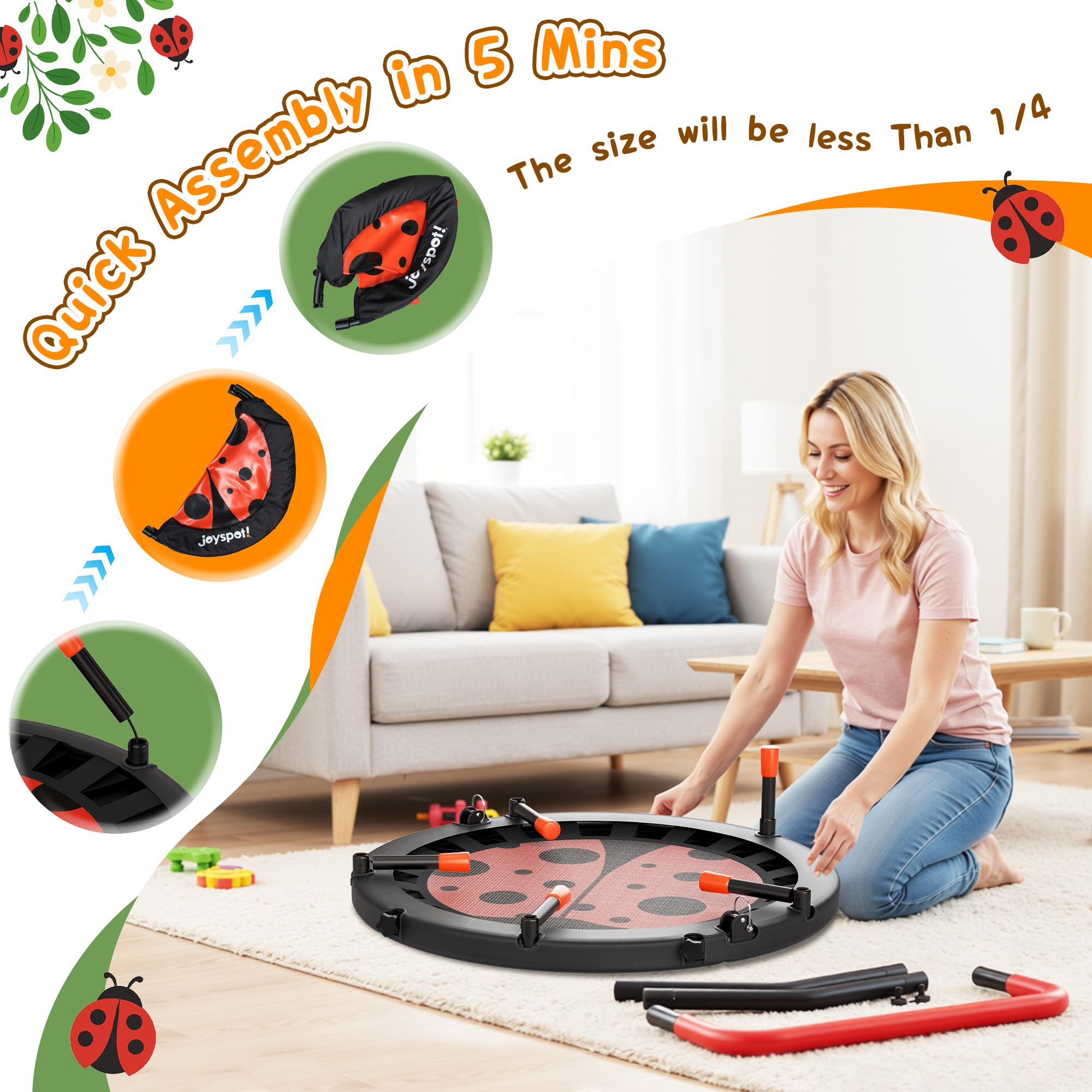 JOY SPOT! Trampolin Kinder Indoor Outdoor, Ø91cm Mini Trampolin mit Verstellbarer Haltegriff, Faltbares Kindertrampolin bis 45 kg, Fitness Rebounder mit Sicherheitspolster für Kleinkind 3-12