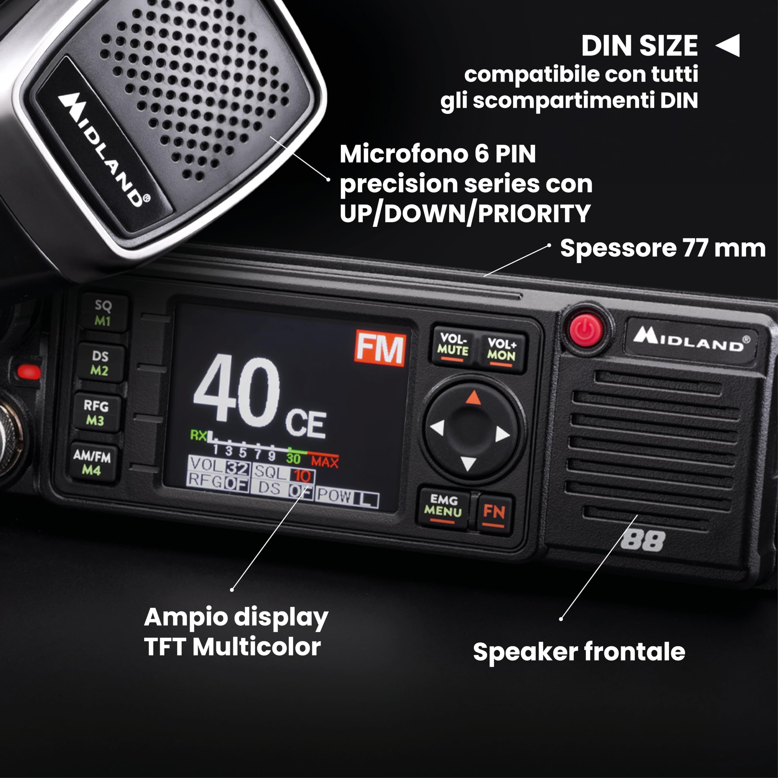 Midland - Radio CB M88 Veicolare Senza Licenza, Ricetrasmittenti Professionali per Tutti Scomparti DIN, Auto Camion Camper e Altri - Display TFT Multicolor, Noise Blanker/HIC, Alimentazione Universale
