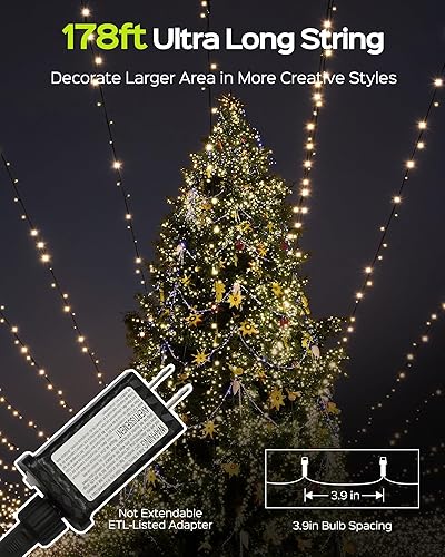 Miniatura 4 de 500 luces LED superlargas de 178 pies, luces LED de burbujas brillantes para árbol de Navidad con 8 modos y memoria, tira de luces LED parpadeantes