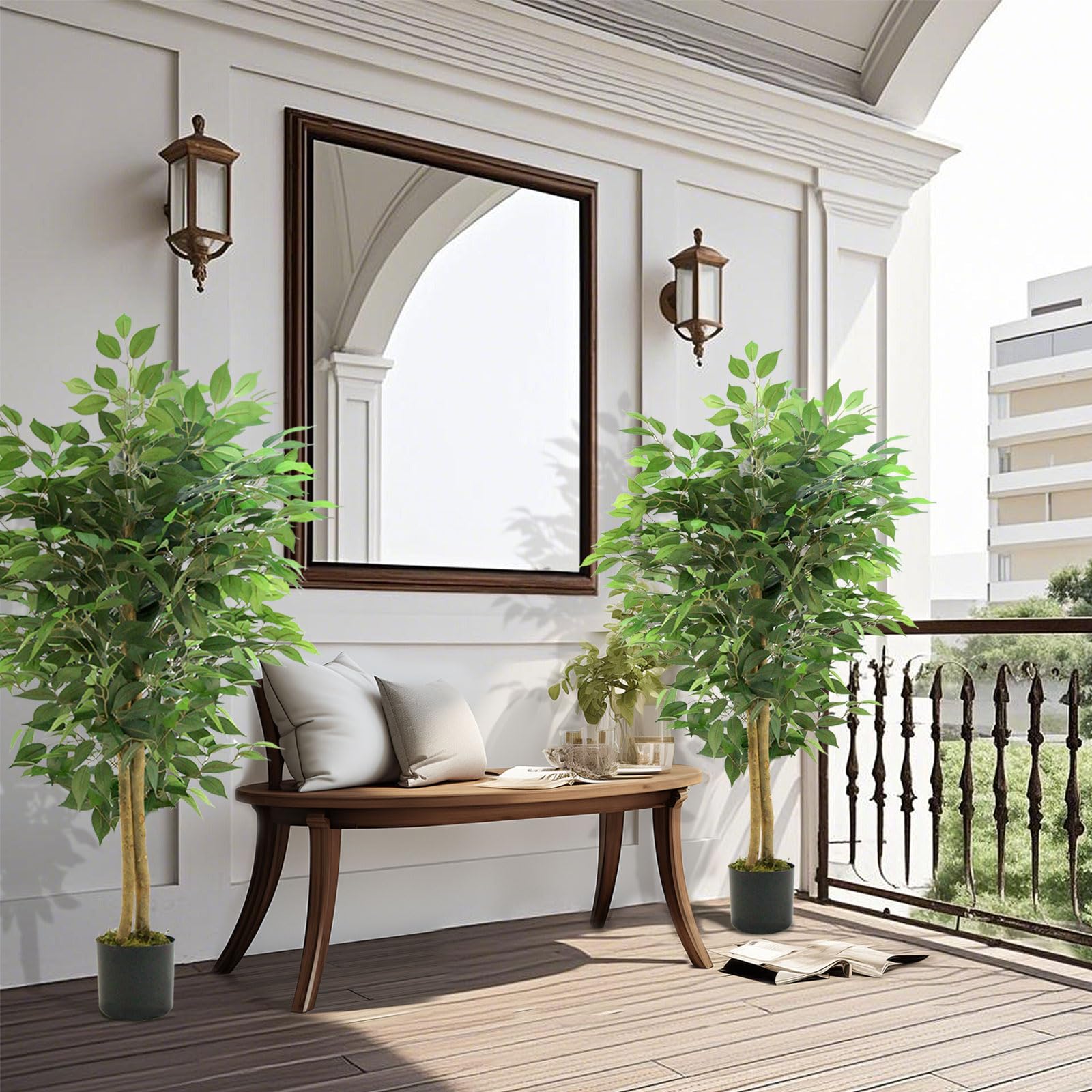 150cm Kunstbaum Ficus, Kunstpflanze Groß mit Naturholz-Stamm wie echt für Wohnzimmer, Büro, Garten, Balkon & Terrasse