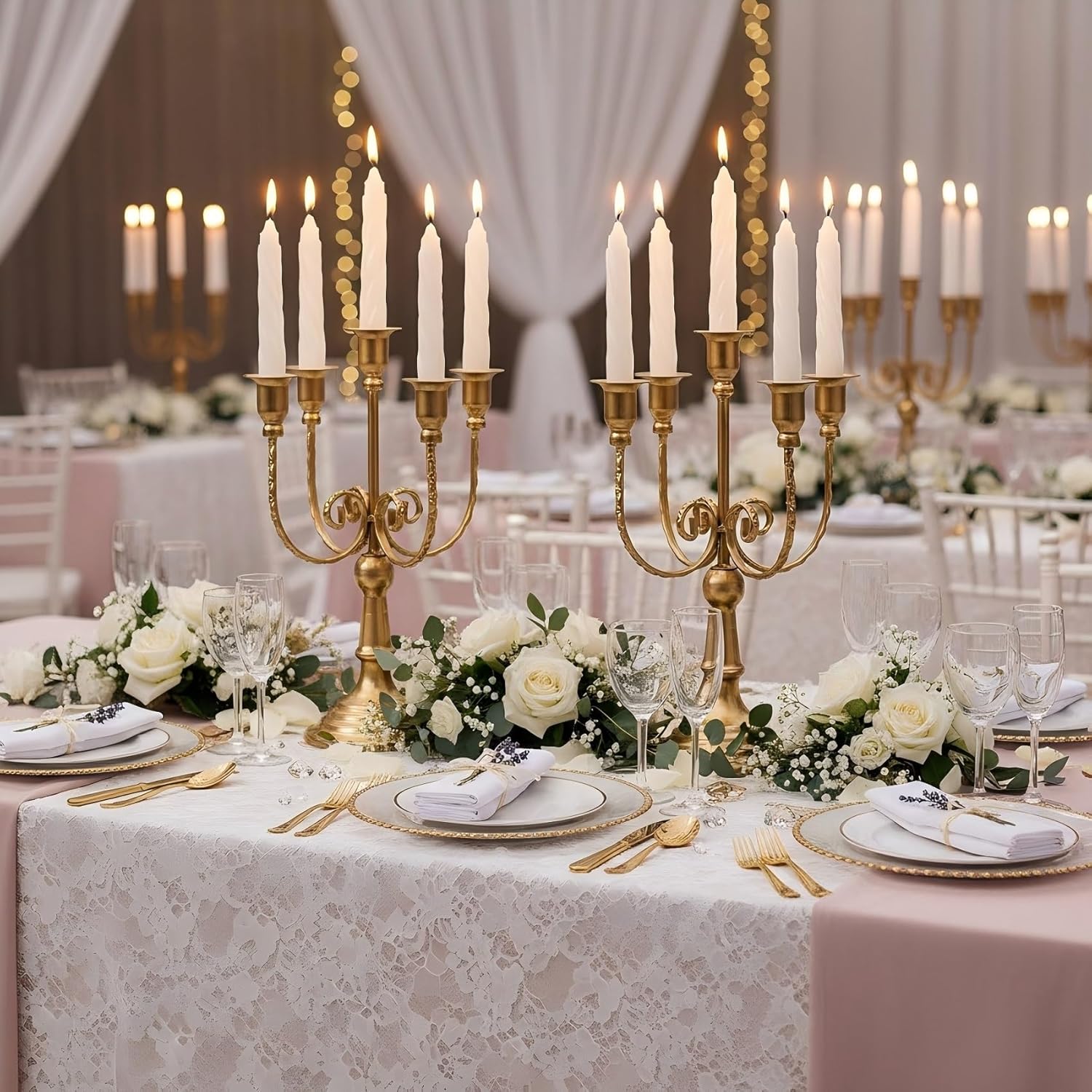2Pcs Gold Candelabras Centerpieces for Tables, 11.8" Candlestick Holder for Taper Candles, 5 Arm Brass Candelabra Candle Holder for Wedding Centerpiece Decor Party Event Reception Decoration