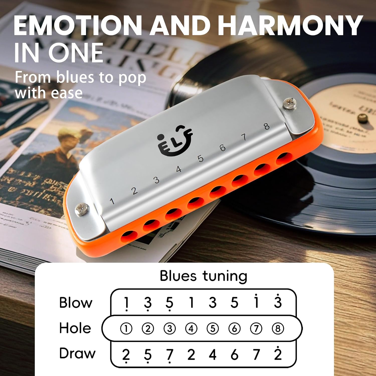CONJURER 8 Hole Blues Harmonica for Students Adult, C Key Diatonic Harmonica Mouth Organ for Beginners Professionals, with Exquisite Case, Musical Instrument, as a Gift, Orange