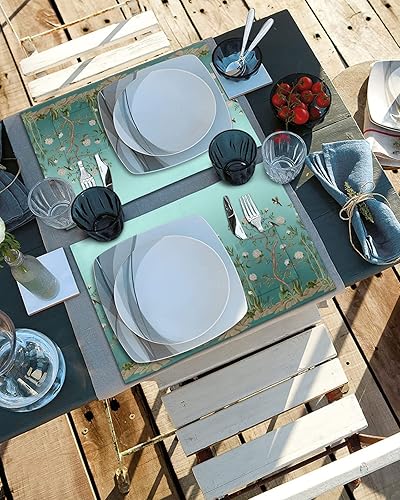 Miniatura 4 de Juego de 2 manteles individuales de mesa de flores degradadas verde azulado para mesa de comedor, manteles individuales de lino de algodón con