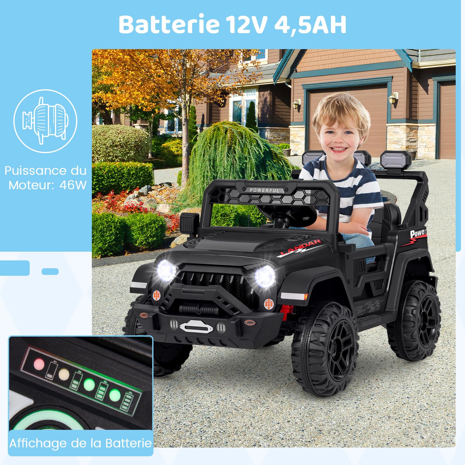 COSTWAY 12V Voiture Électrique Enfant avec Télécommande 2,4G, Véhicule Électrique avec Musique & Lumières LED, Démarrage Lent & 3 Vitesses, Charge 30kg pour Enfants de 3 Ans+ (Noir)