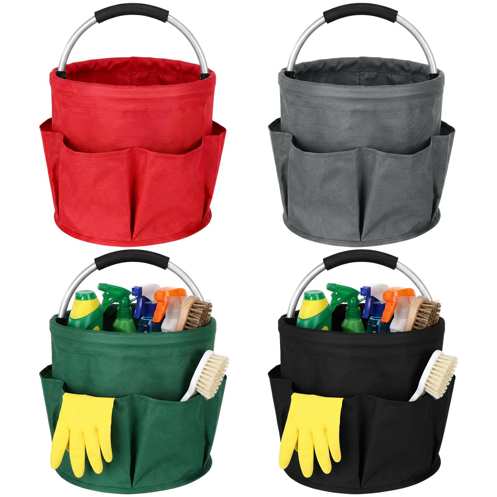 LemonRoad 4 Pack Cleaning Caddy with Handle 17L Foldable Cleaning Supplies Organizer Oxford Cloth Storage Basket with 6 Pockets Portable Multi Bucket Bag for Home Garden(Black,Dark Gray,Red,Green)