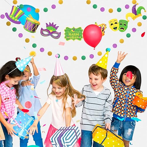 Miniatura 6 de Fumwase Cartel de papel para máscara de Mardi Gras y guirnalda de círculos de papel de Mardi Gras brillante, guirnalda de puntos verdes, morados,