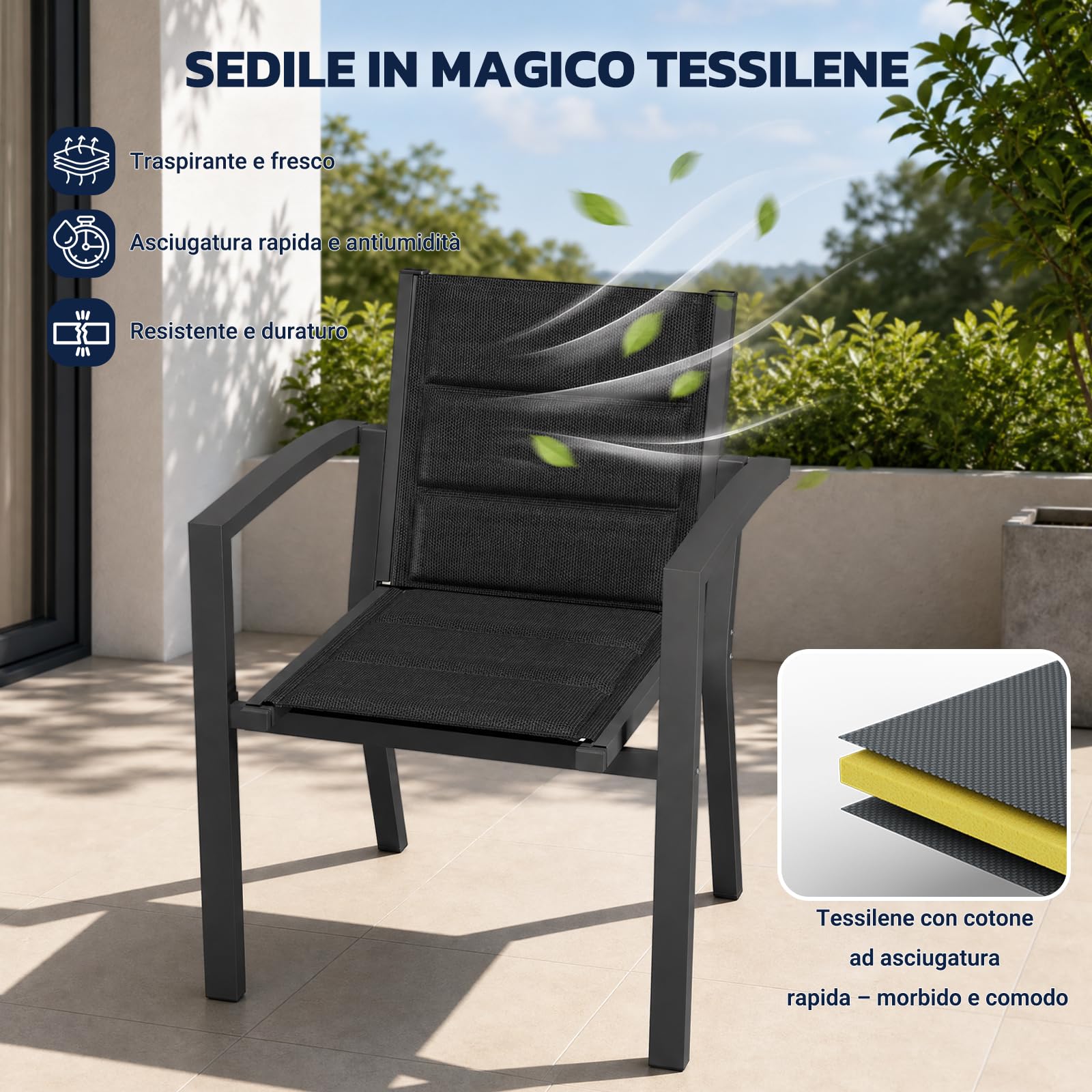 JUMMICO Sedia da Esterno - Struttura in Alluminio Robusta, Cuscino in Texlin Imbottito e Comodo, Impilabile e Riponibile sotto il Tavolo - Portata Max 160kg - Per Giardino, Cortile, Balcone