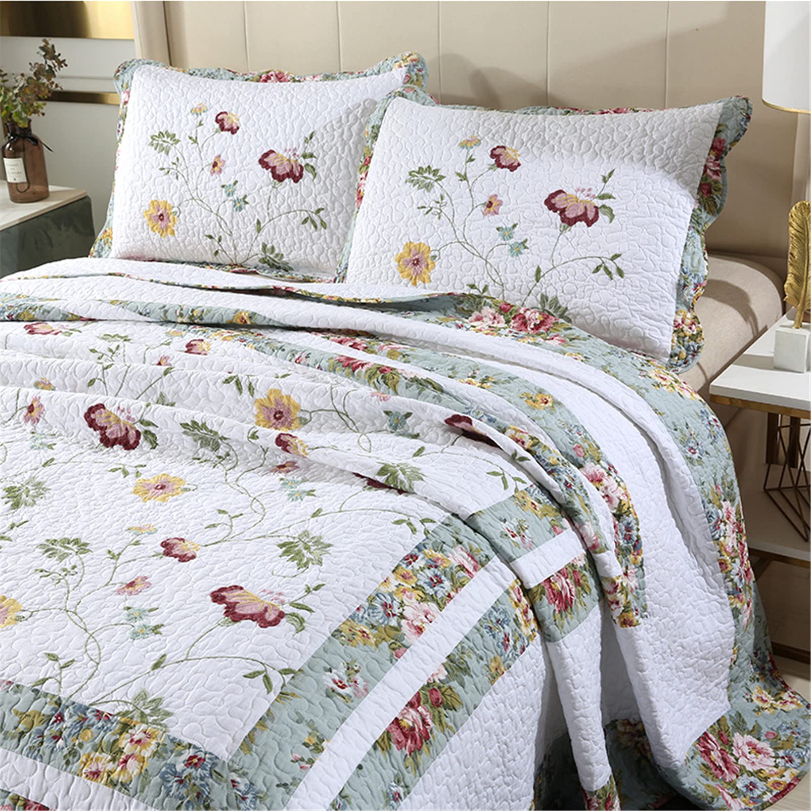 Juego de colcha acolchada, color blanco, 3 piezas, cobertores de retazos reversibles con volantes verdes, edredón extragrande de algodón suave con 2 fundas de almohada, 229 * 229 cm little surprise