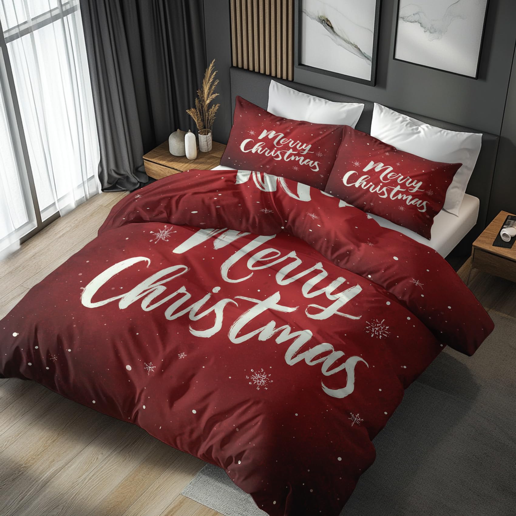 Emperor Duvet Cover Set Red Merry Christmas, Reversible Emperor Bedding Sets Snowflake Xmas Pattern for Bedroom Decor, Soft Microfibre Quilt Cover, 2 Pillowcases, Zip SHDB52