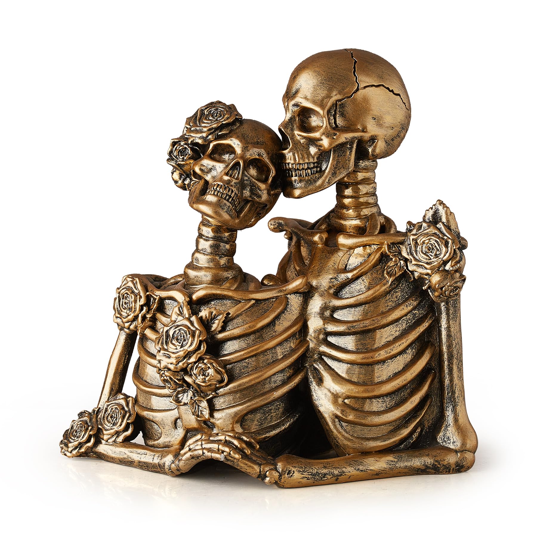 FJS Skull Statue Home Decor, Resin Skull Couple Sculpture Decor, Love Never Dies Couple Skeleton Decorations for Home Living Room, Memorial Statue (Gold - B)