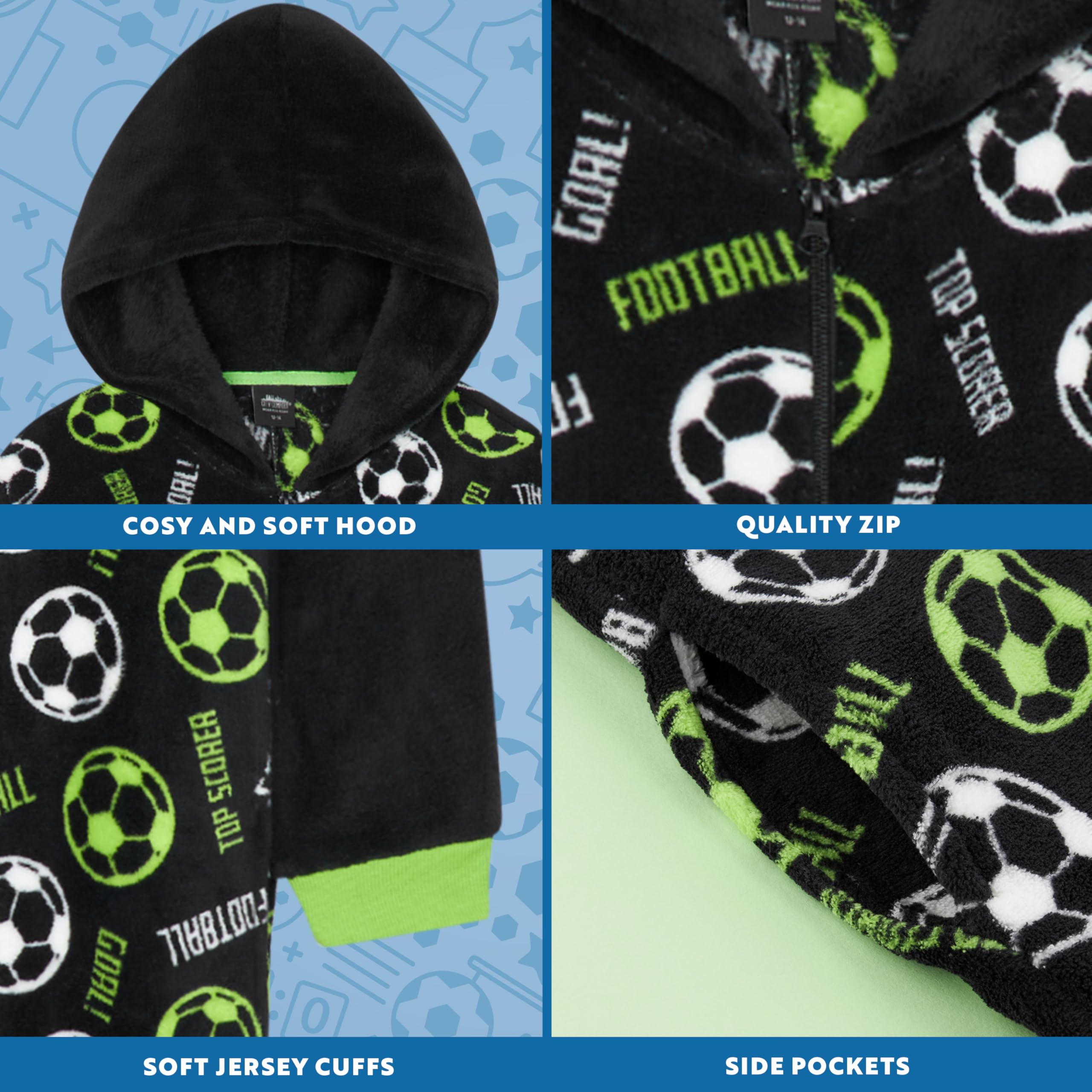 Get Trend Pijama Niño Entero Cremallera, Ropa de Dormir Adolescentes, Mono Cálido de Fútbol o Videojuegos con Capucha, Ideas Regalo