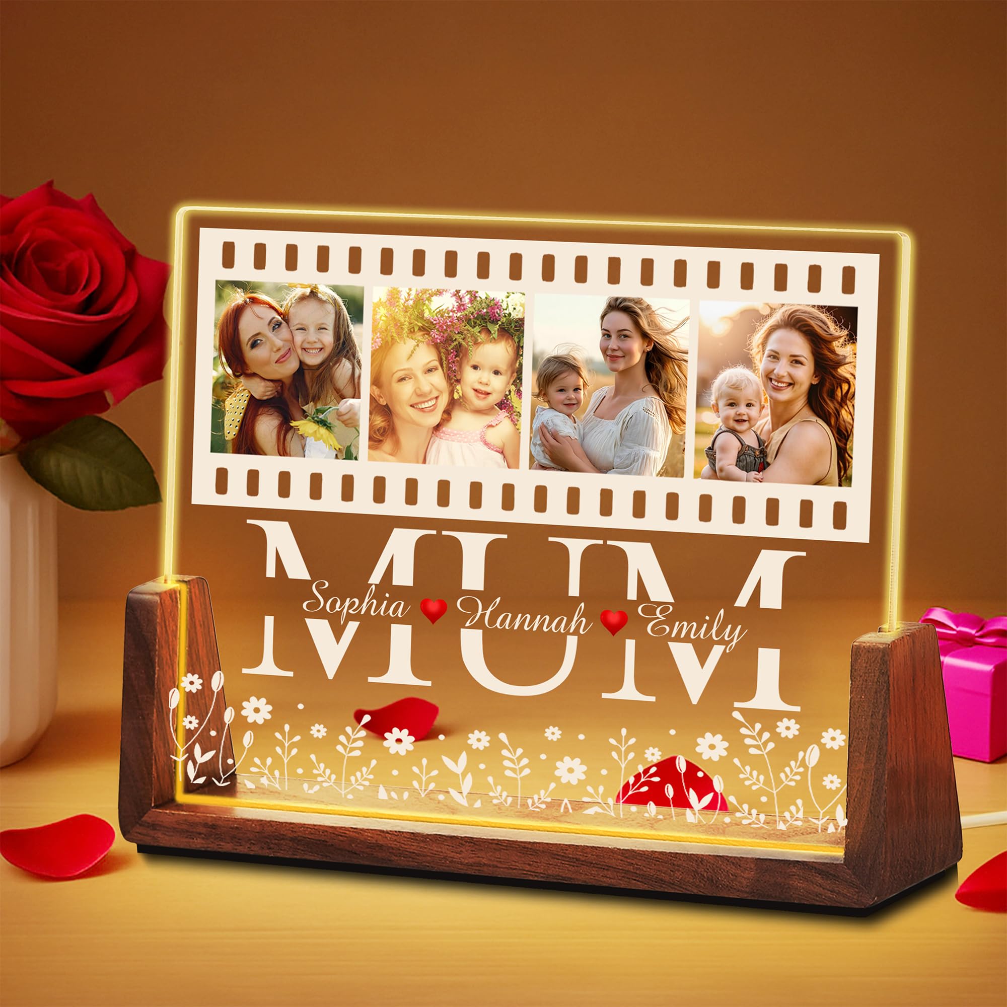 WMDIY Personalised Mothers Day Unique Gifts for Mum from Daughter Son Kids, Customised Acrylic Plaque Night Light with Photo, Custom LED Picture Frame, Personalised Christmas Birthday Gifts for MAMA