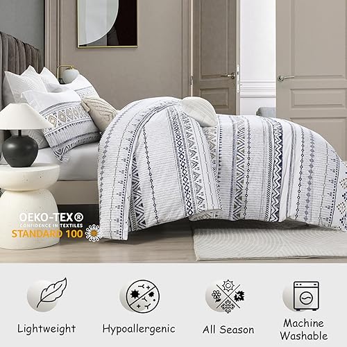 Miniatura 8 de Funda de edredón tamaño Queen de algodón  3 piezas reversible con patrón bohemio, funda de edredón Queen suave azul marino Queen con cierre de