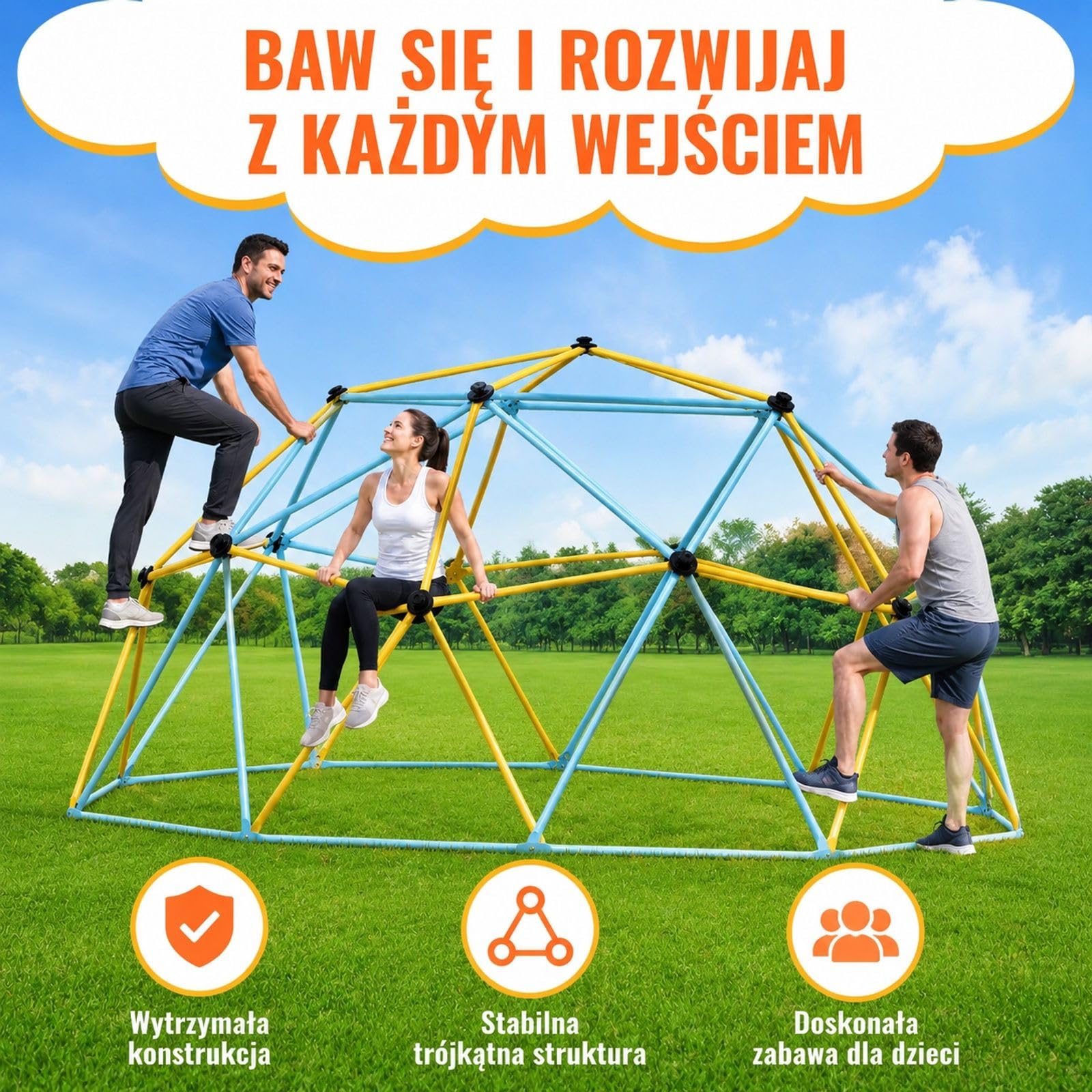 Geometryczna kopuła wspinaczkowa do ogrodu i na podwórko, stalowa rama z kolorową powłoką proszkową