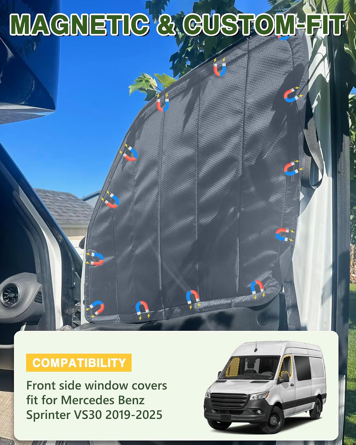 Insulated Blackout Van Window Covers Fit for Mercedes Benz Sprinter VS30 2019-2025, Magnetic Van Front Door Side Window Shades (Pair) - Gray