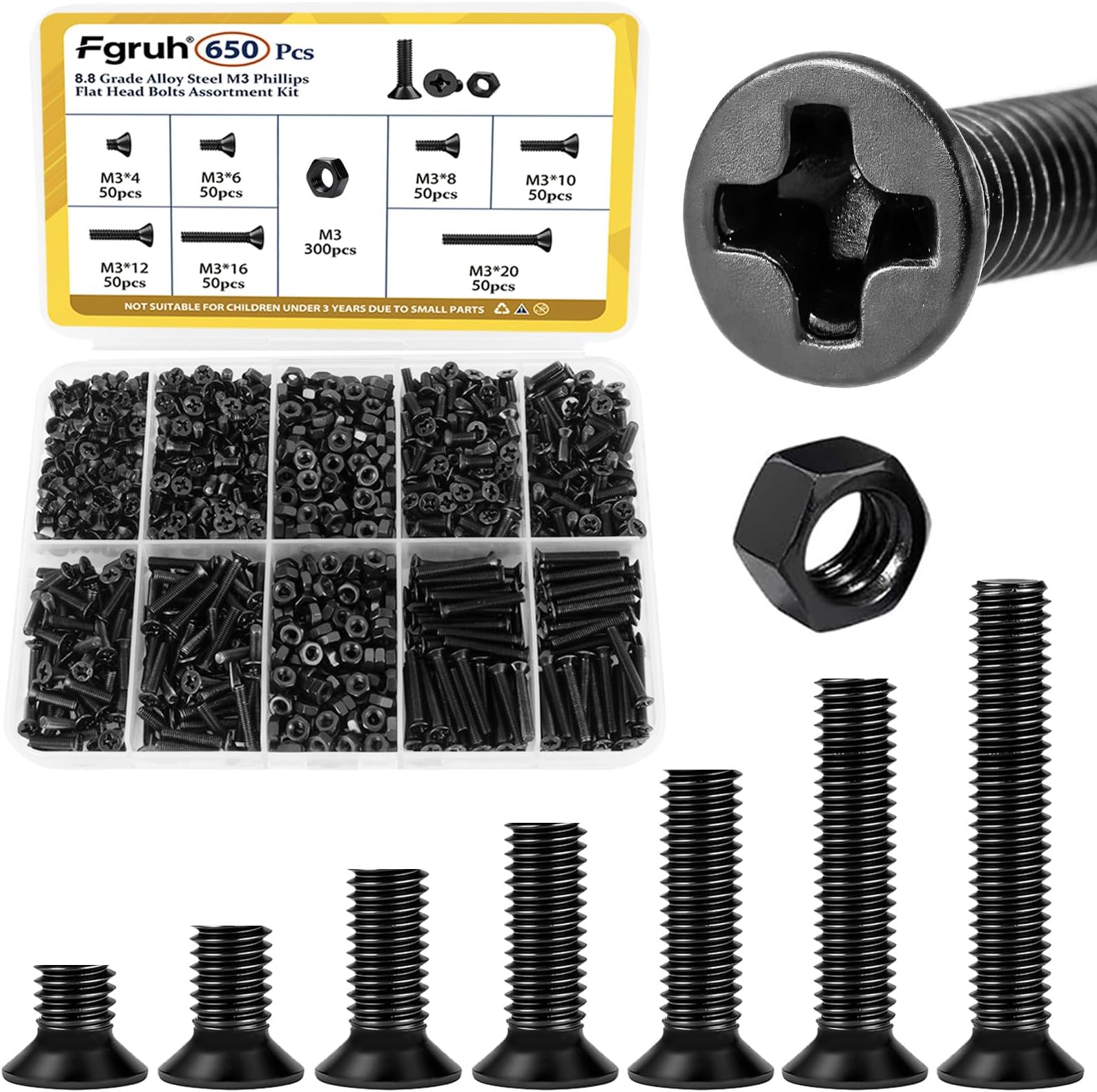 650pcs M3 Countersunk Screws Assortment Kit, M3x4/6/8/10/12/16/20 mm Phillips Flat Head Bolts and Nut Assorted Set, Machine Screws Grade 8.8 Alloy Steel Black Zinc Plated