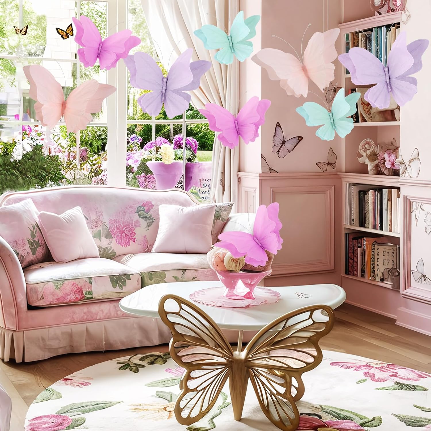 3D Hanging Butterfly Decorations, Butterfly Birthday Party Decorations, 4 Pcs Crepe Paper Butterfly Hanging Decorations for Girls, Women, Flower Garden Party Decorations - Image 6