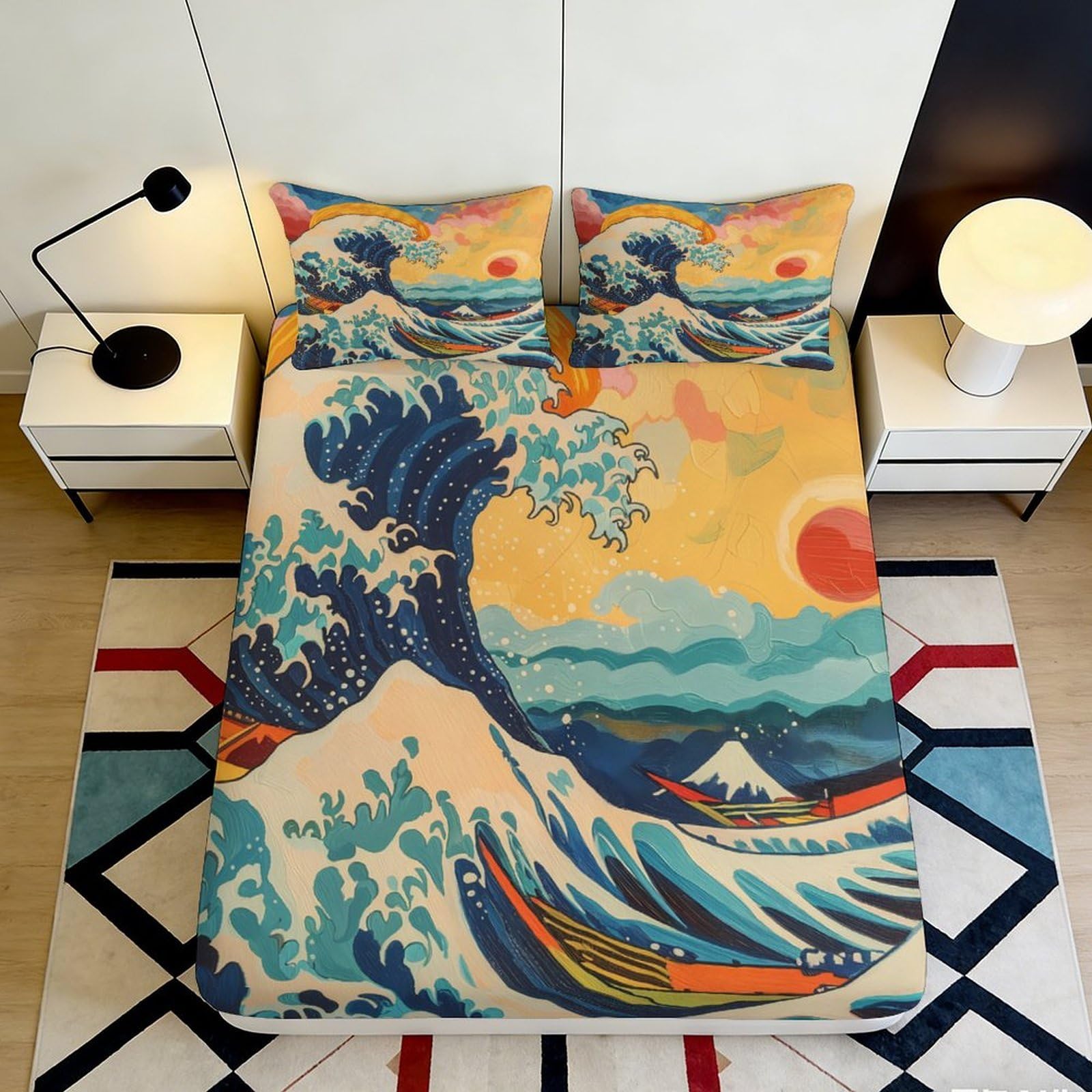 3D Printed Great Wave Sunrise Fitted Sheet Microfiber Soft Anti-Slip Mount Fuji Mattress Cover Bedroom Decor 120x200x25cm